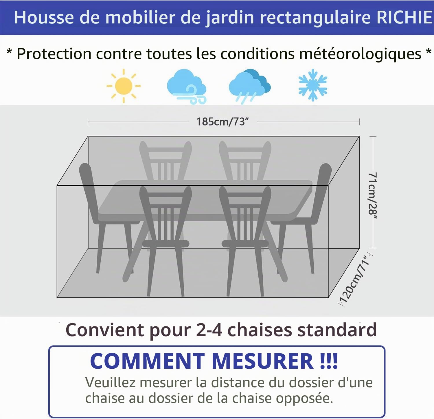 RICHIE Housse de protection pour meubles de jardin, imperméable, anti-UV, respirante, en polyéthylène, pour tables de jardin, meubles de terrasse, rectangulaire, transparente, 180 x 120 x 71 cm