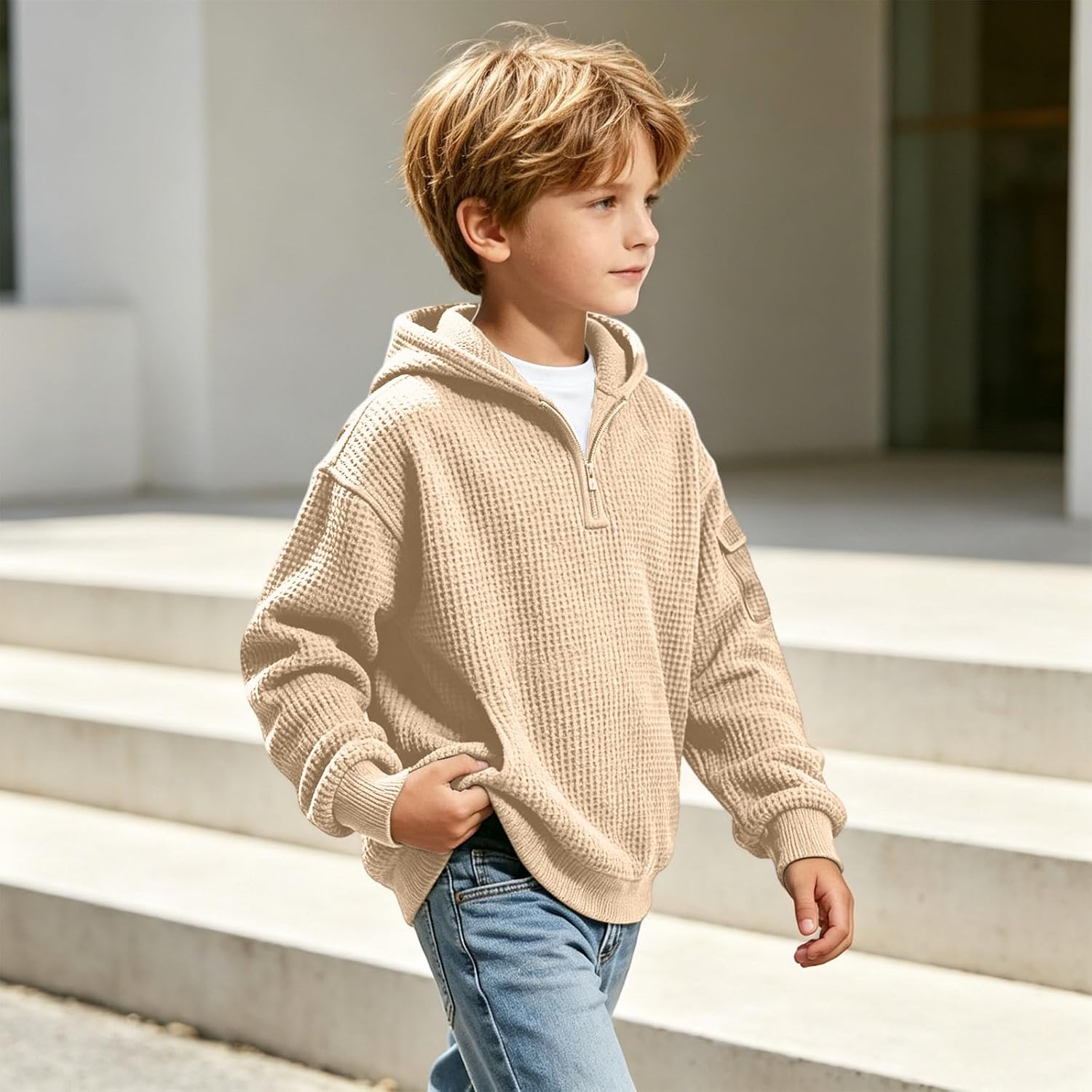 Waffle Knit Hoodies for Boy Fall Long Sleeve Quarter Zip Hooded Sweatshirt Teens Pullover Tops with Pocket