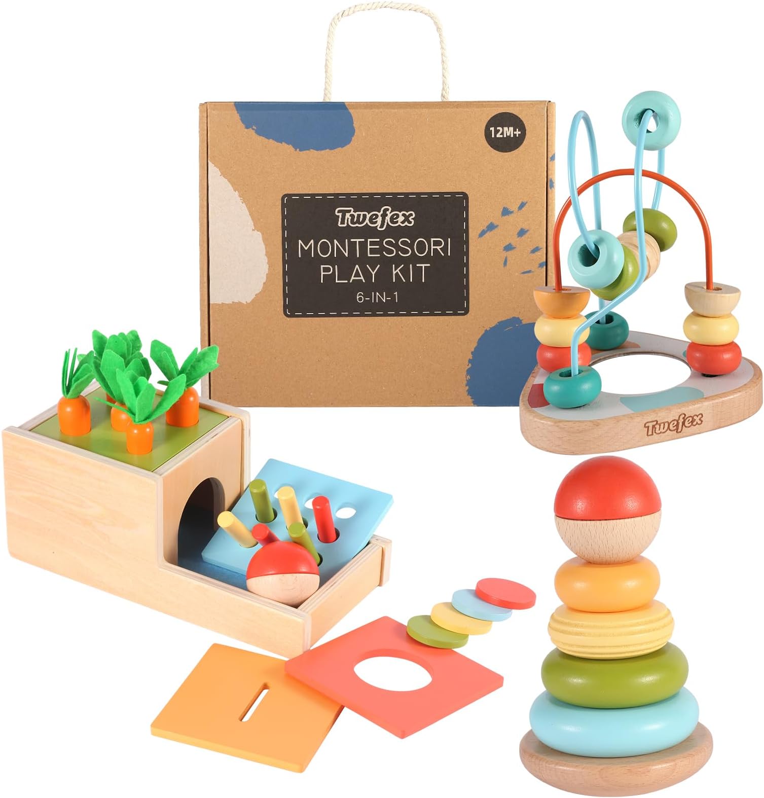 Twefex Wooden ​Montessori Learning Toys Kit,Babies Toys Set for 1 Year Old, Sensory and Thinking Play kit for Toddlers (Boys and Girls). 4 in 1 Drop Box; Rocking Stacker; Bead Maze.