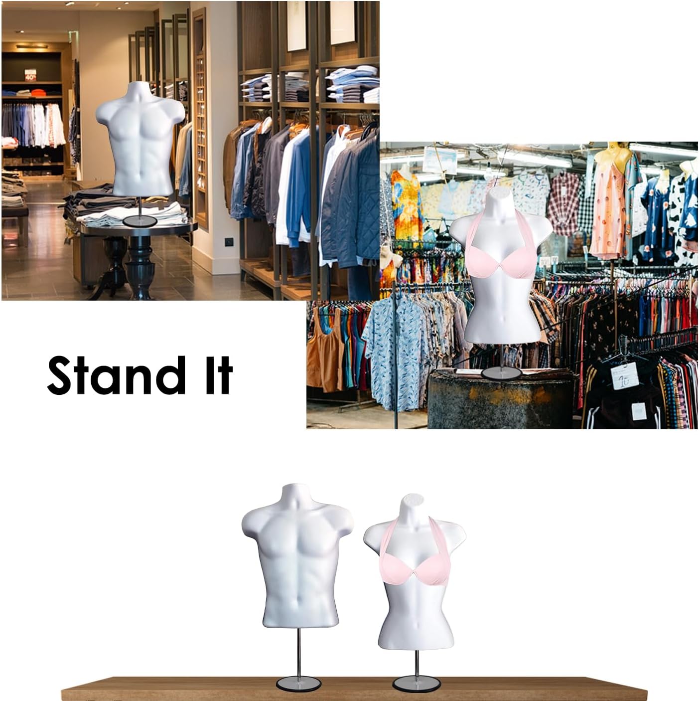 2 White Female Mannequin Hollow Back Body Torso Set w/ Clothes Clips, Metal Stands and Metal Poles & Hanging Hooks, S-M Sizes