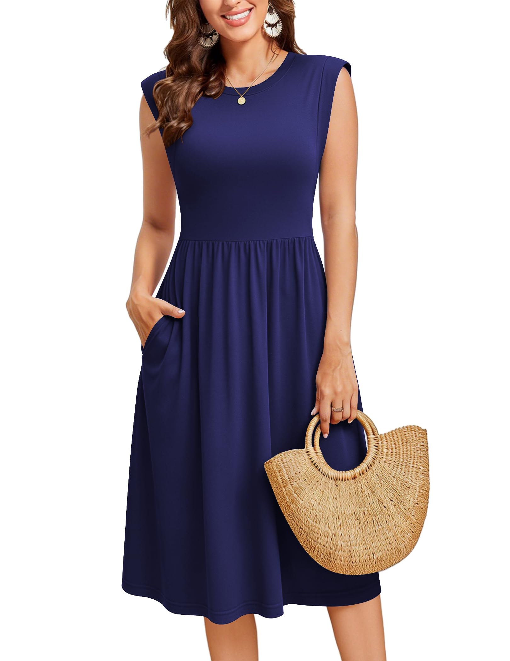 Zeagoo Sommerkleid Damen Elegant Kleider Ärmellos Strandkleid Rundhals Tunika Kleid Freizeit A-Linie Midikleid mit Tasche