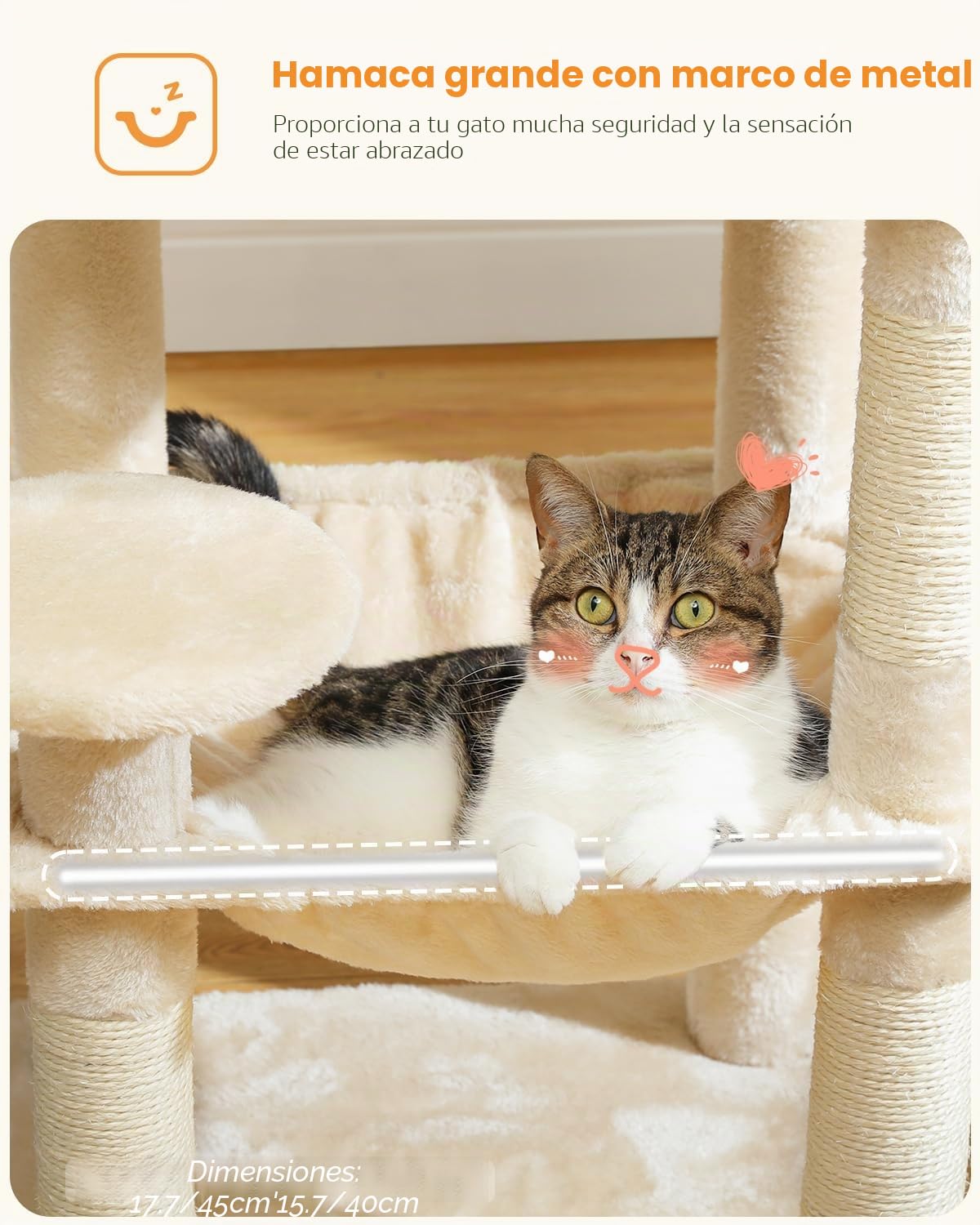 PAWZ Road Árbol para Gatos Con Hamaca de Felpa de Metal, Torre Con Casa Condo de 2 Puertas, Estantes de 6 Niveles Con Poste Rascador, Gran Barra Superior Beige 116 cm