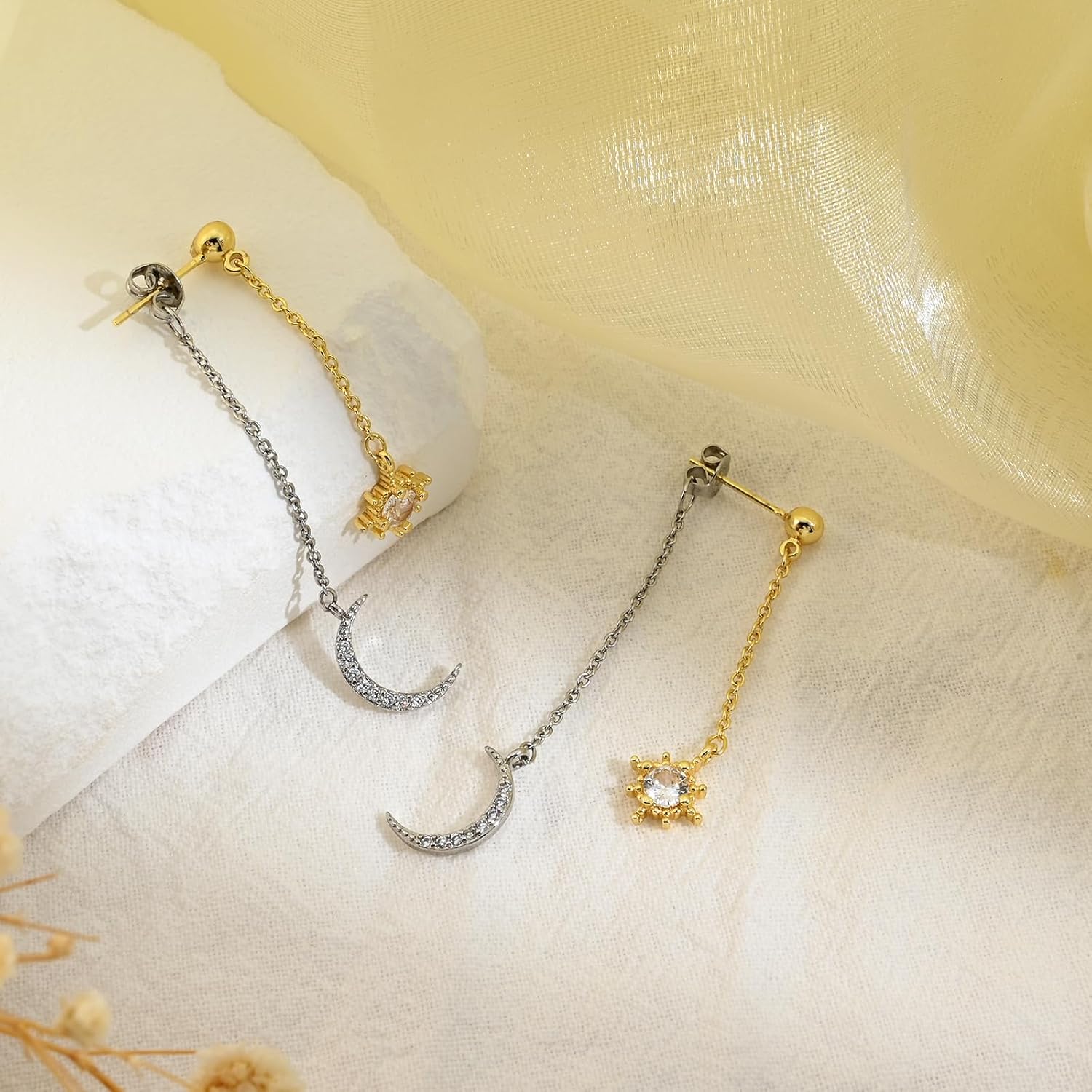 Moon and Star Dangle Earrings for Women Chain Tassel with Cubic Zirconia Drop Celestial Jewelry for Wedding Gift - Image 6