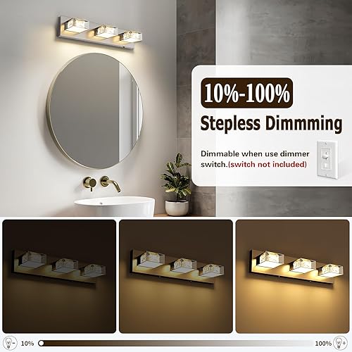 Miniatura 3 de Joossnwell Lámpara de tocador de baño de níquel cepillado de cristal 5CCT regulable sobre el espejo (3 luces, 20.47 pulgadas) LED modernas luces de