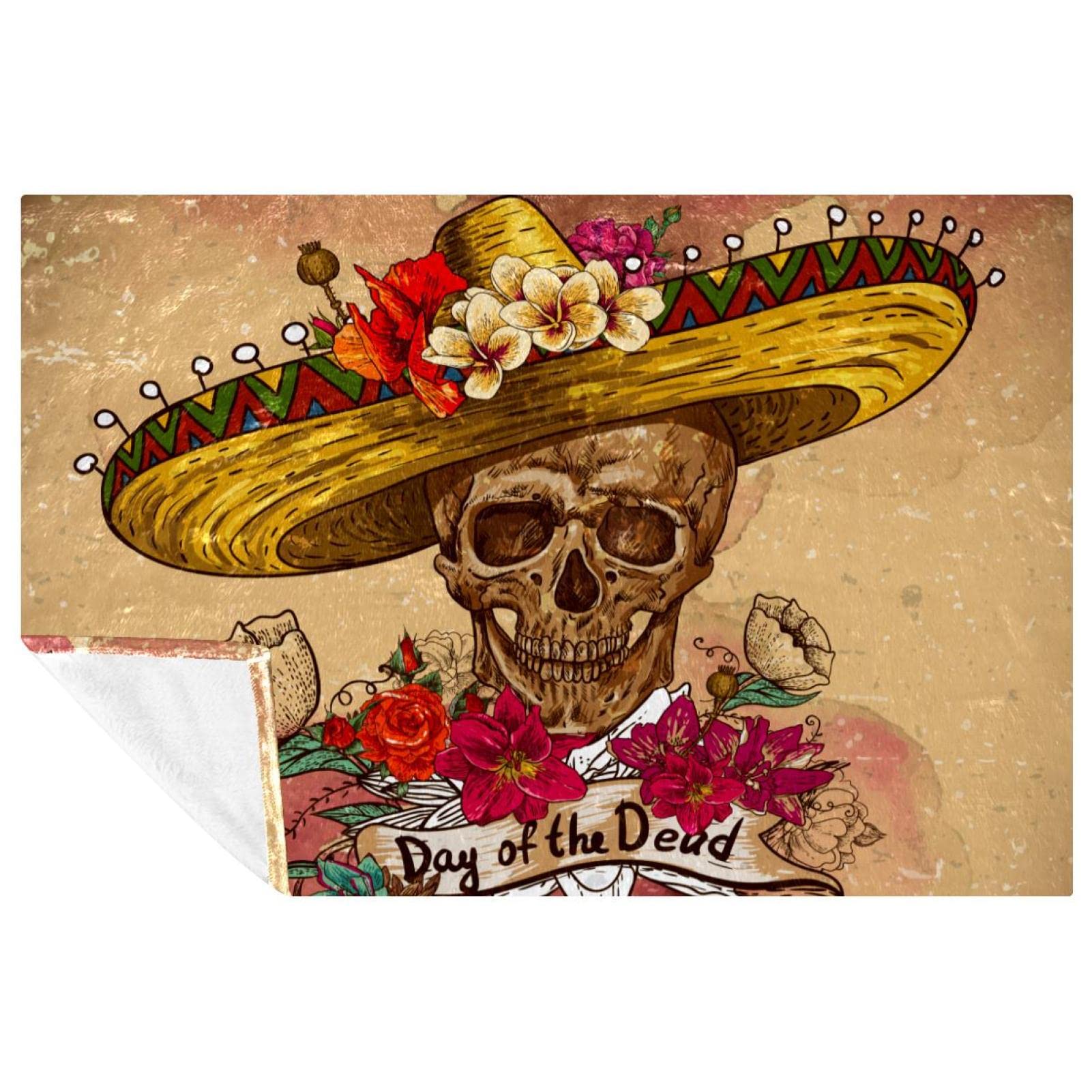 Couverture tête de mort mexicaine et fleurs plaid polaire chaud canapé lit 150x100 cm