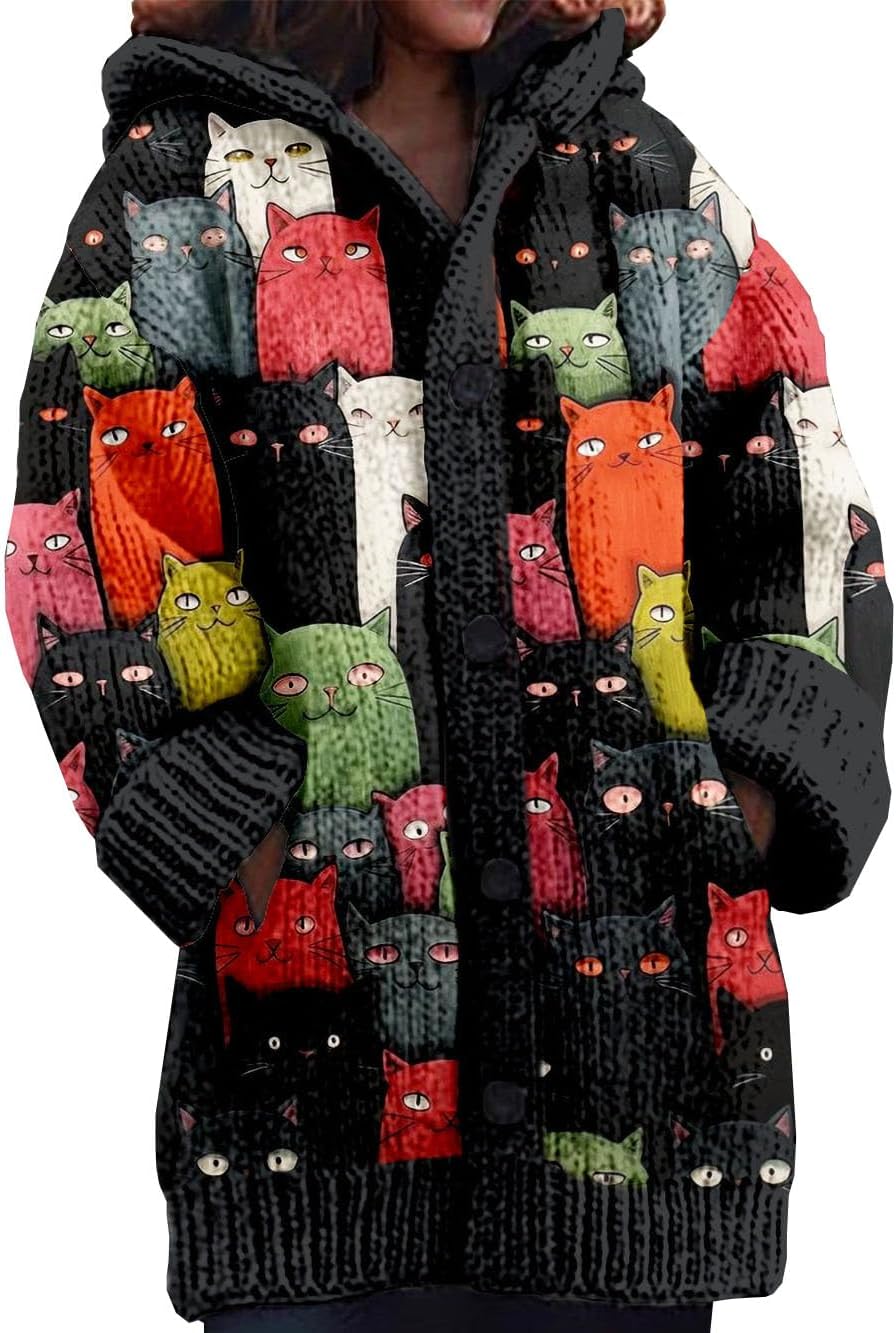 Women Hooded Cardigan Coat Long Sleeve Button Front Knit Sweater Jacket with Pockets Warm Fall Winter Casual Outwear