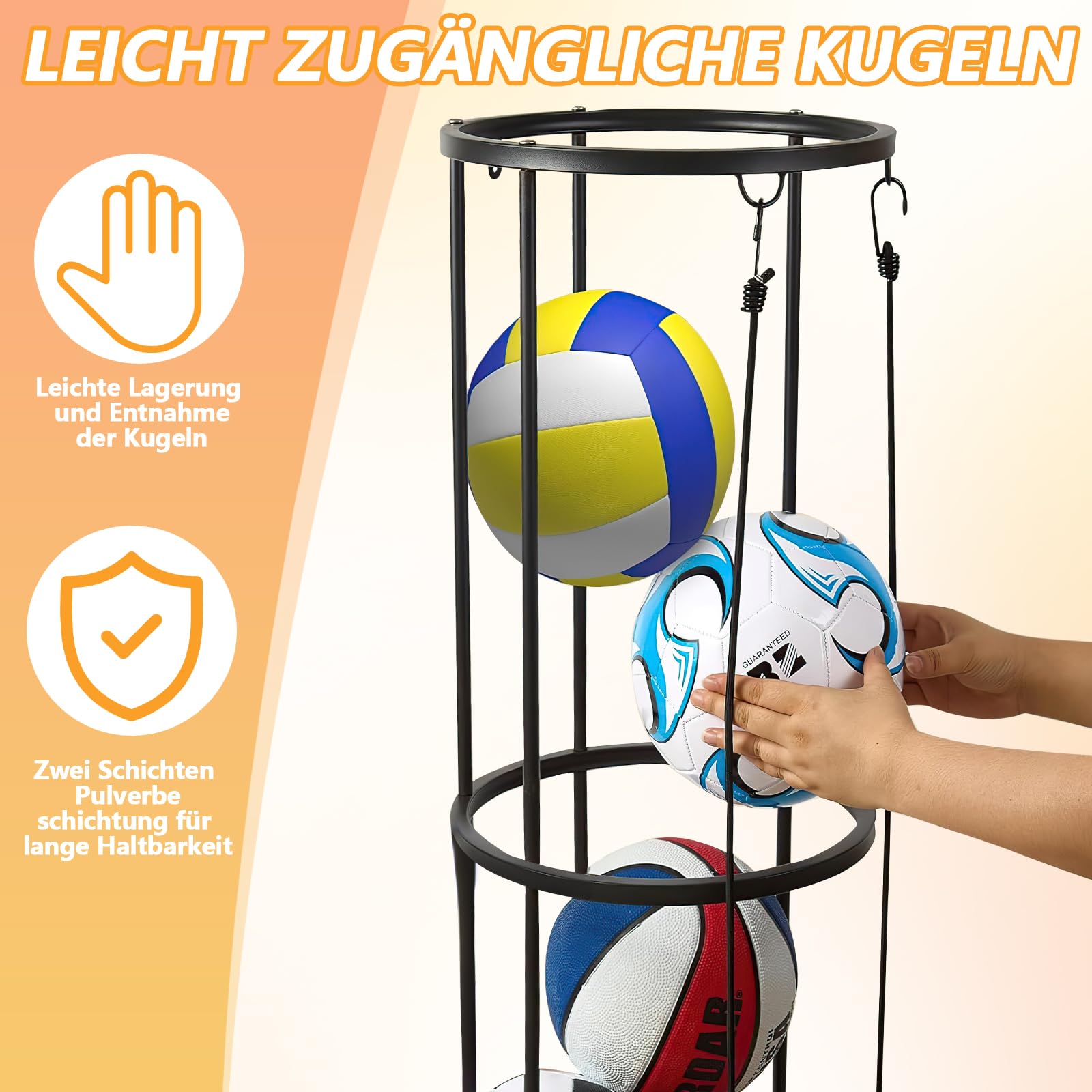 Ballständer mit Rollen Sparende Abnehmbare Stehend Ballhalter, Garage Ball Aufbewahrung Sports Storage für Volleyball Fußball Basketball Ballhalterung Wand Storage (Schwarz)