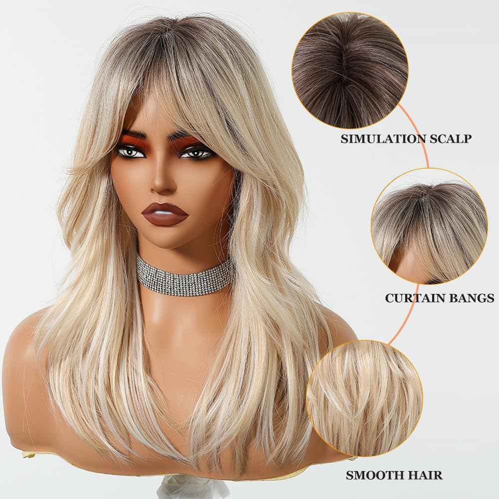 Esmee Lange Gerade Blonde Perücke für Frauen mit Vorhang Pony Natürliche Synthetisches Haar Perücken für den täglichen Gebrauch Party