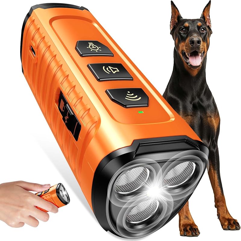 Cbersmg 3X ultrasónico para dejar de ladrar al perro vecino, dispositivo portátil antiladridos, dispositivo disuasorio de ladridos de perro, alcance de 50 pies, 5 modos, linterna y pitido, seguro y eficaz para perros pequeños, medianos y grandes