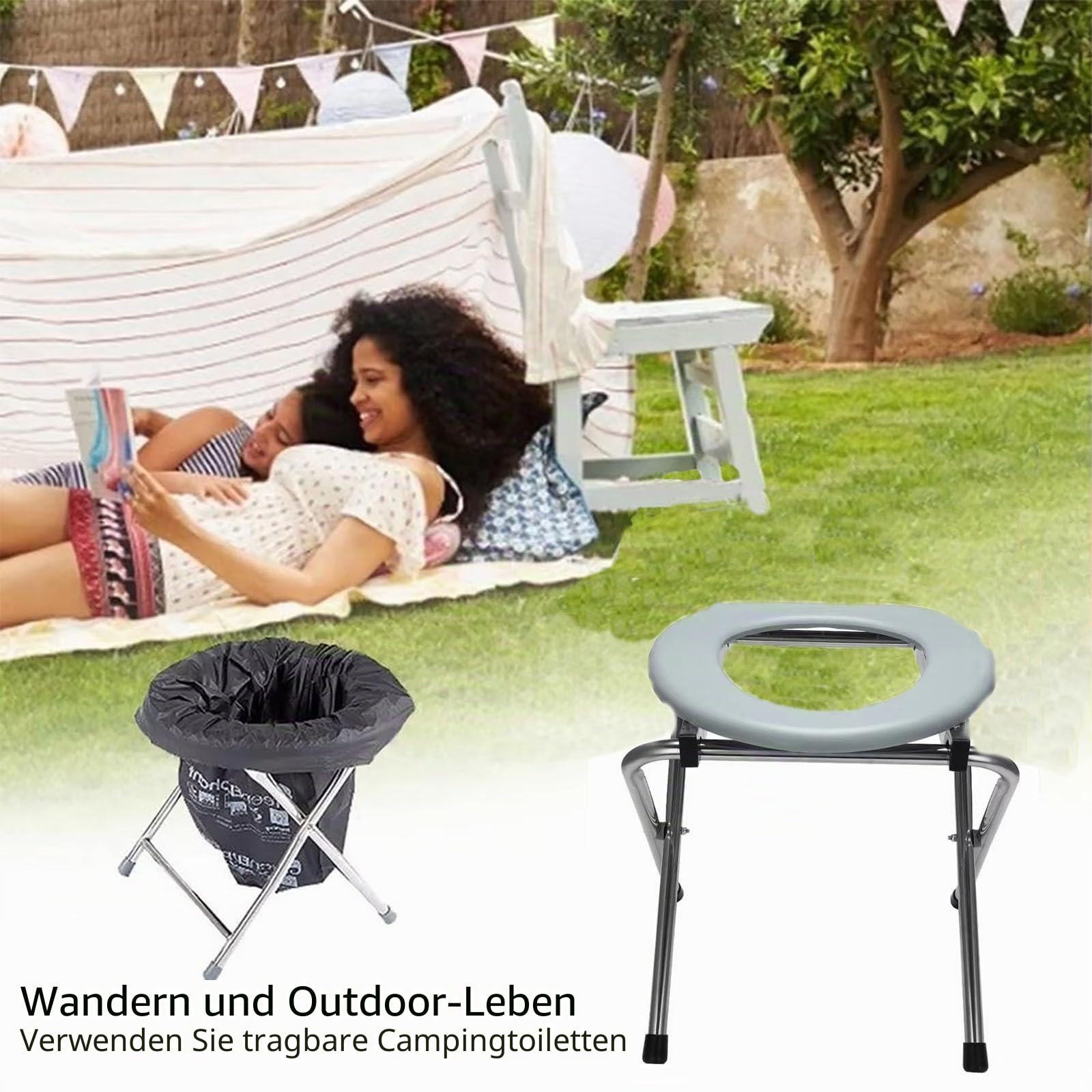 NEWFUN toilettenstuhl klappbar, 100KG,Toilettenstuhl mit Bezug, Plastiktüte und Plastikring, einfach und ohne Werkzeug zu montieren, für den Hausgebrauch und Camping geeignet