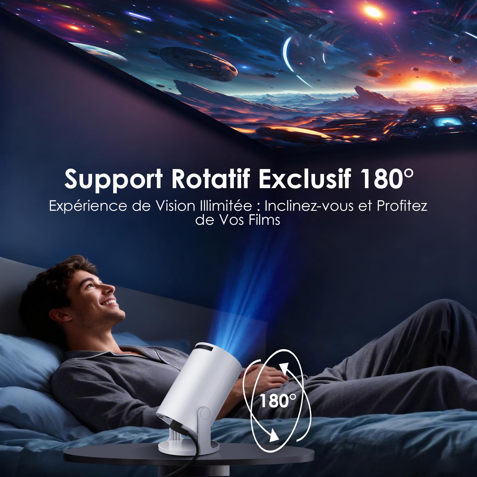 WOLFANG Mini Projecteur【Applis Intégrées & Wi-FI 6】 Videoprojecteur HD 1080p avec Bluetooth et Trapézoïdale Verticale Auto, Retroprojecteur à 180° pour la Chambre, Compatible iOS/Android/PC/TV Stick