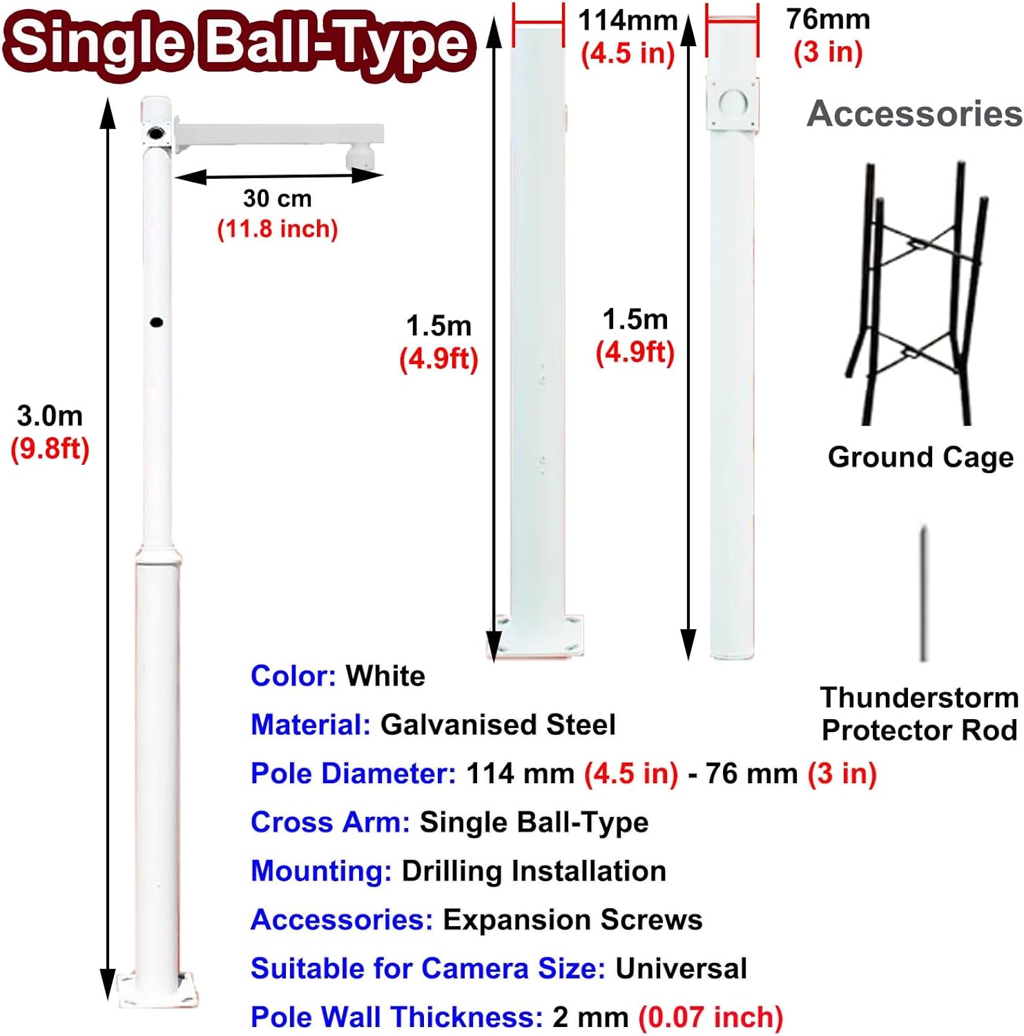 9.8 ft Tall Adjustable Outdoor Security Camera Pole with Ground Stake - Durable Surveillance Stand for Enhanced Monitoring, Single Ball Design, 3.0 m Height