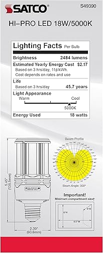 Miniatura 8 de Satco Bombilla LED HID S49390 Corncob, base media, 18 W, clasificación de 35000 horas, 2484 L, luz natural