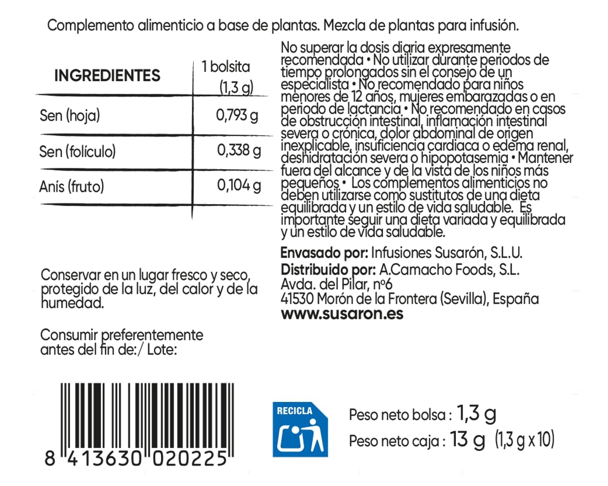 Susarón Infusión Laxsana Sen y Anís Sabor Ciruela Caja 10 bolsitas