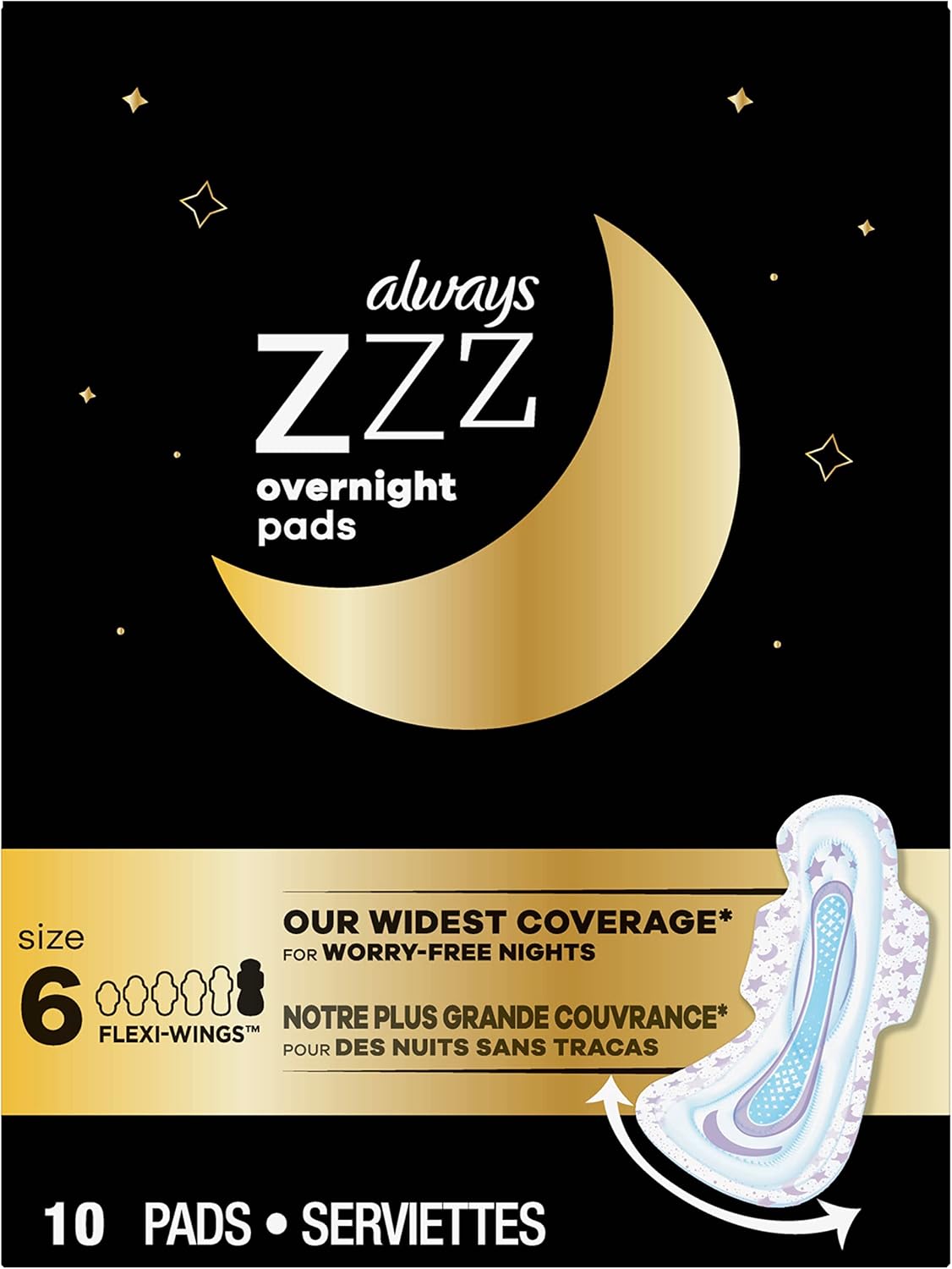 Always ZZZ Overnight Pads for Women Size 6 Unscented with Wings, Always' Widest Coverage for Worry-Free Nights, 10 Count