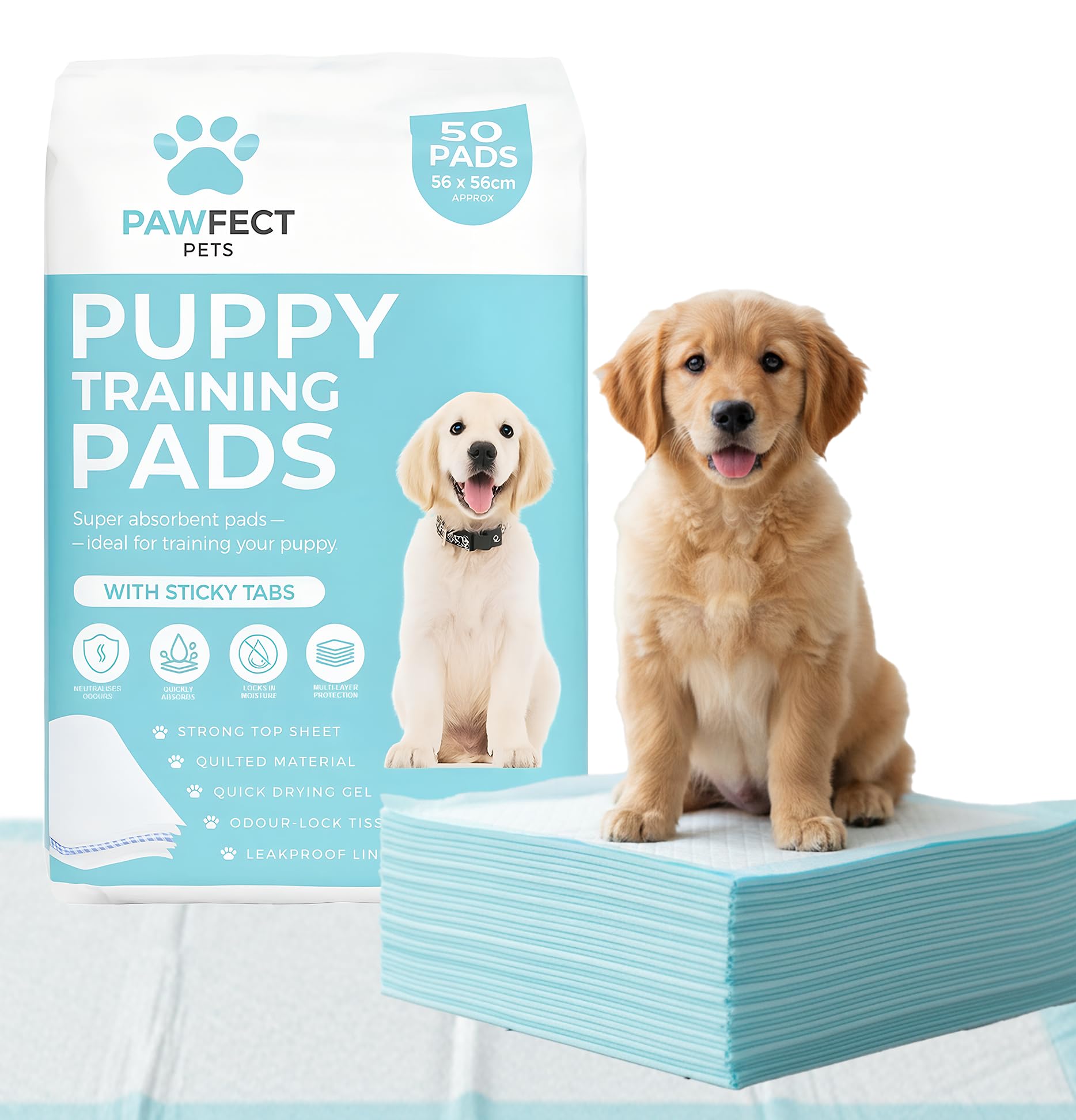 Puppy Training Pads 56x56cm – Ultra Absorbent, Leak-Proof, Odour Control Pet Pads (50 Pack) for Puppies, Dogs & Indoor House Training