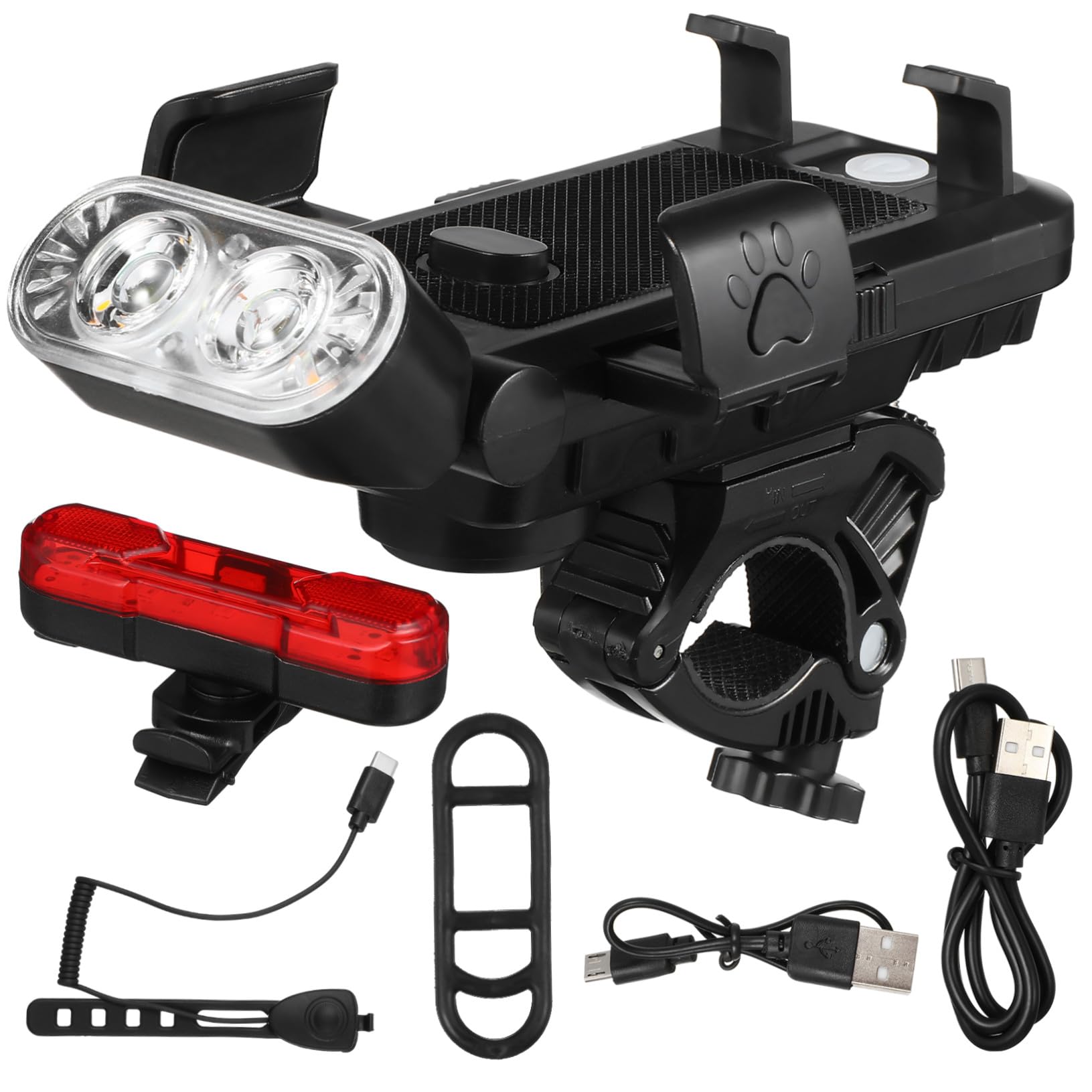 Set Luci Bici Anteriore e Posteriore LED USB Ricaricabile 4000mah | Supporto Telefono Regolabile, Design Dual Led, Abs Nero, per Night Riding e Ciclismo Quotidiano
