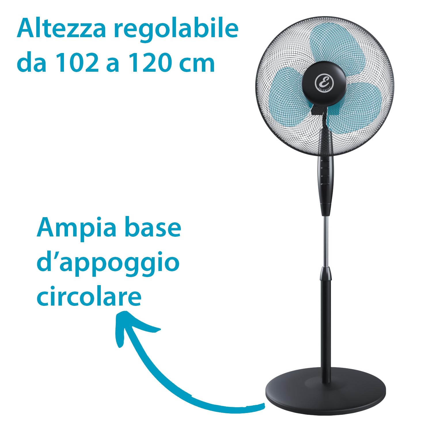 Bricozone Ventilatore a Piantana per Pavimento Potente da 50W con Pale da 40 cm Silenzioso Colore Nero e Azzurro 3 Velocità Oscillante Altezza e Inclinazione Regolabili Griglia di Protezione