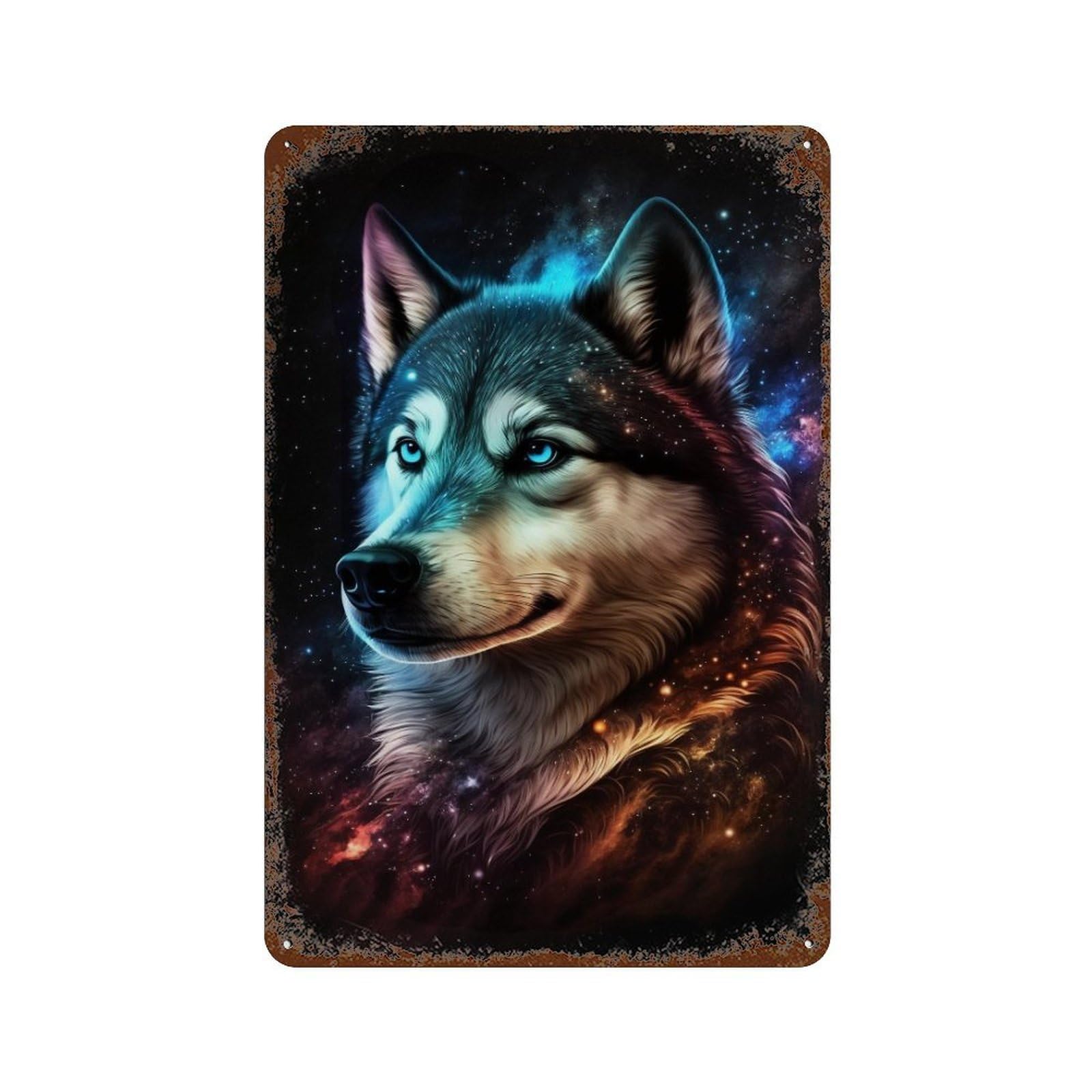 Vintage Rust Metal Sign with Galactic Wolf Portrait -41 Design 11.8"x7.9", for Shed, Workshop And Garage Wall Decor, Retro Wall Decor
