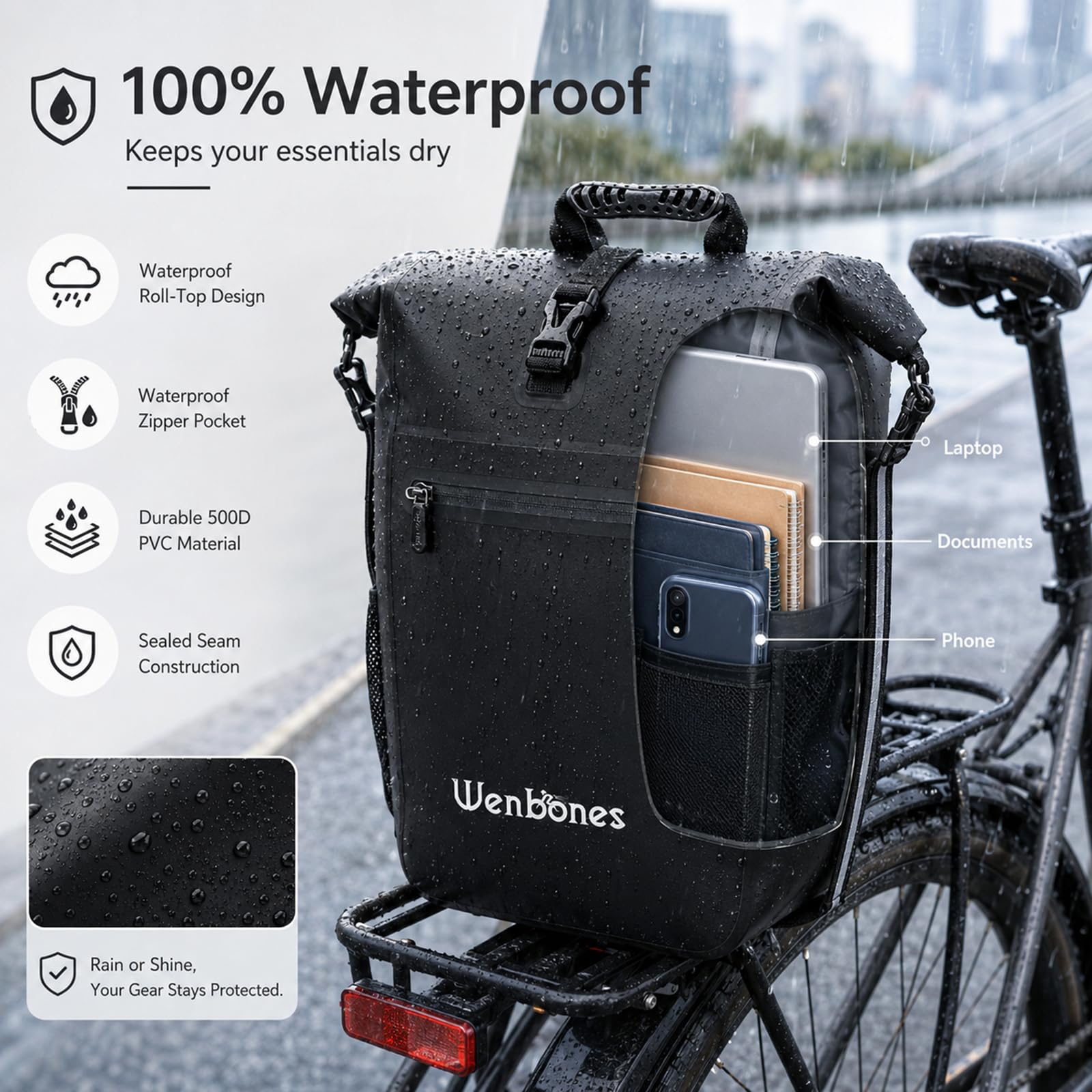 3in1 Fahrradtasche, 25L, wasserdicht, mit Laptopfach | Gepolsterte Träger, Schnellverschluss, Seitentaschen, Robuste Nähte, für Pendler, Radler, Studenten, Alltag, Beruf, Reisen