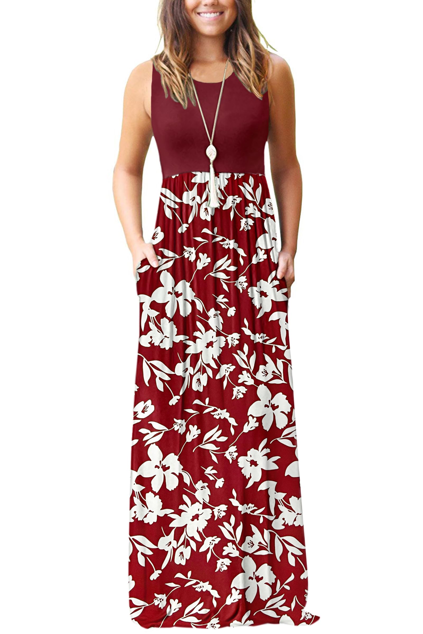 AUSELILY Women's Summer Sleeveless Loose Plain Casual Long Maxi Dresses | Year Round wear solid floral print, Casual daily wear, Empire waist, Floor length, Side pockets New