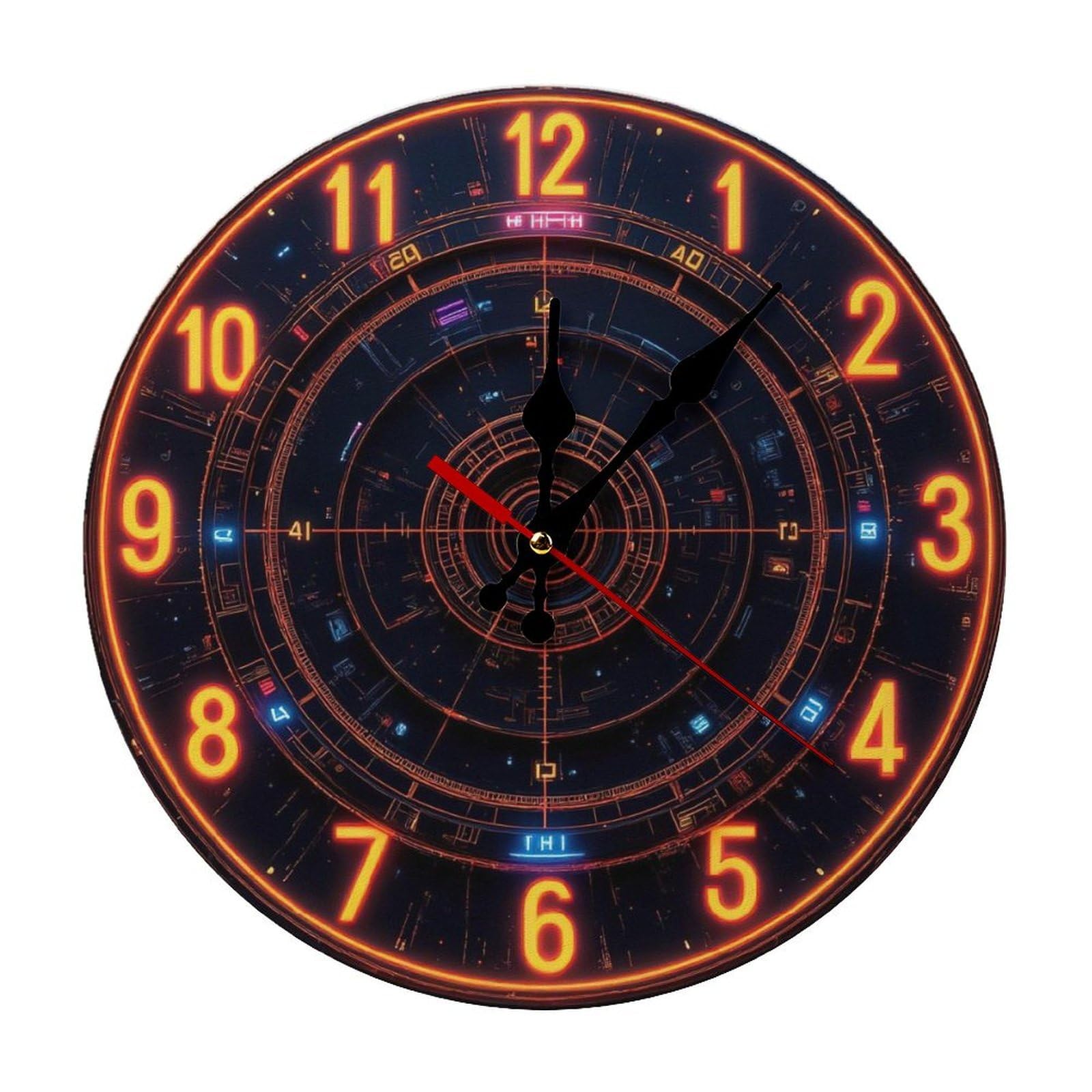 Horloge murale moderne SciFi orange néon au design digital 2D ultra graphique