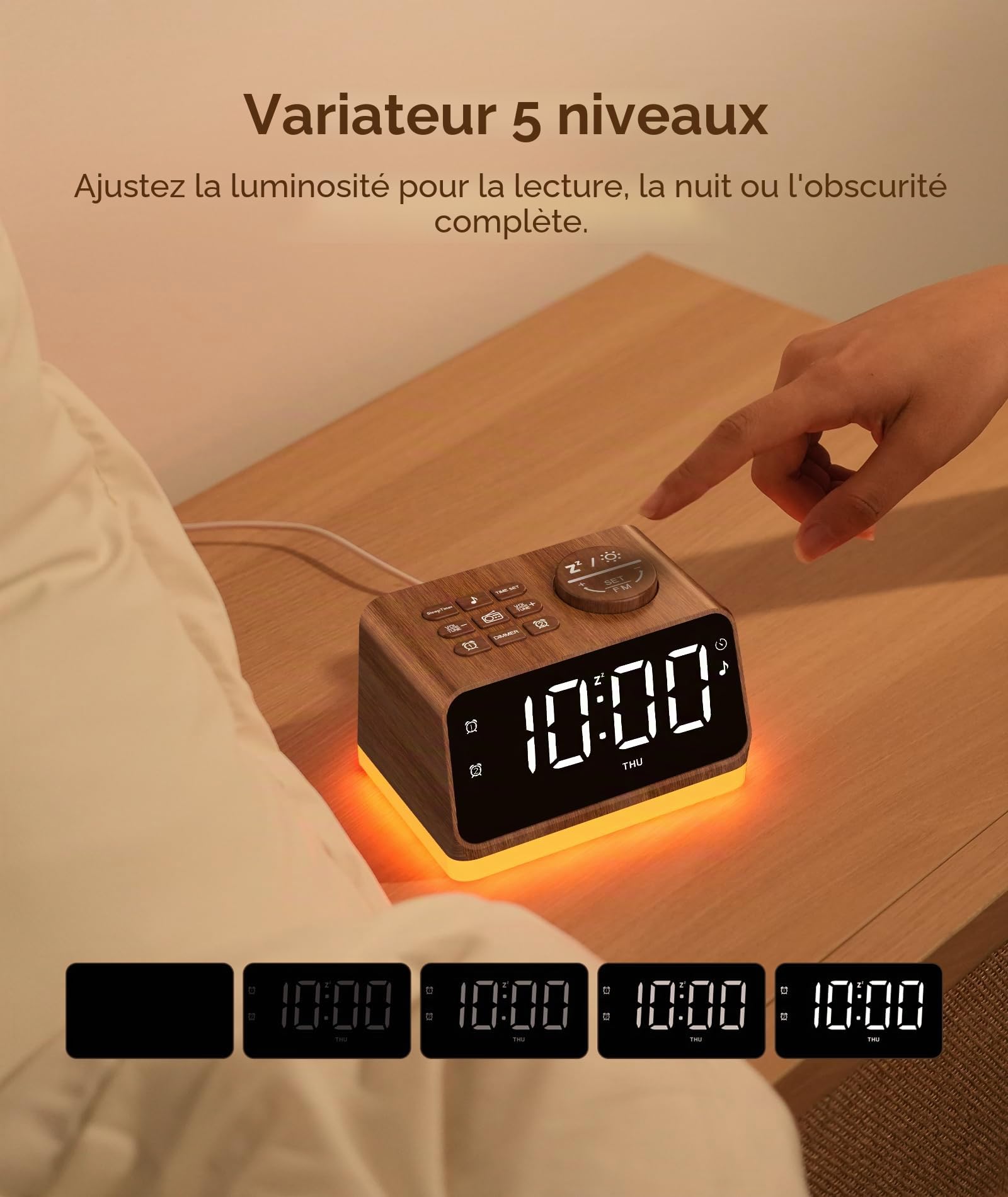 Dreamegg Radio Réveil Numérique avec FM et Bruit Blanc, Double Alarme | 25 Sons, Écran 5 Niveaux, Veilleuse 0-100%, Minuterie 10-480min, 2 Ports USB, Snooze, Prise Casque, pour Chambre, Cadeau