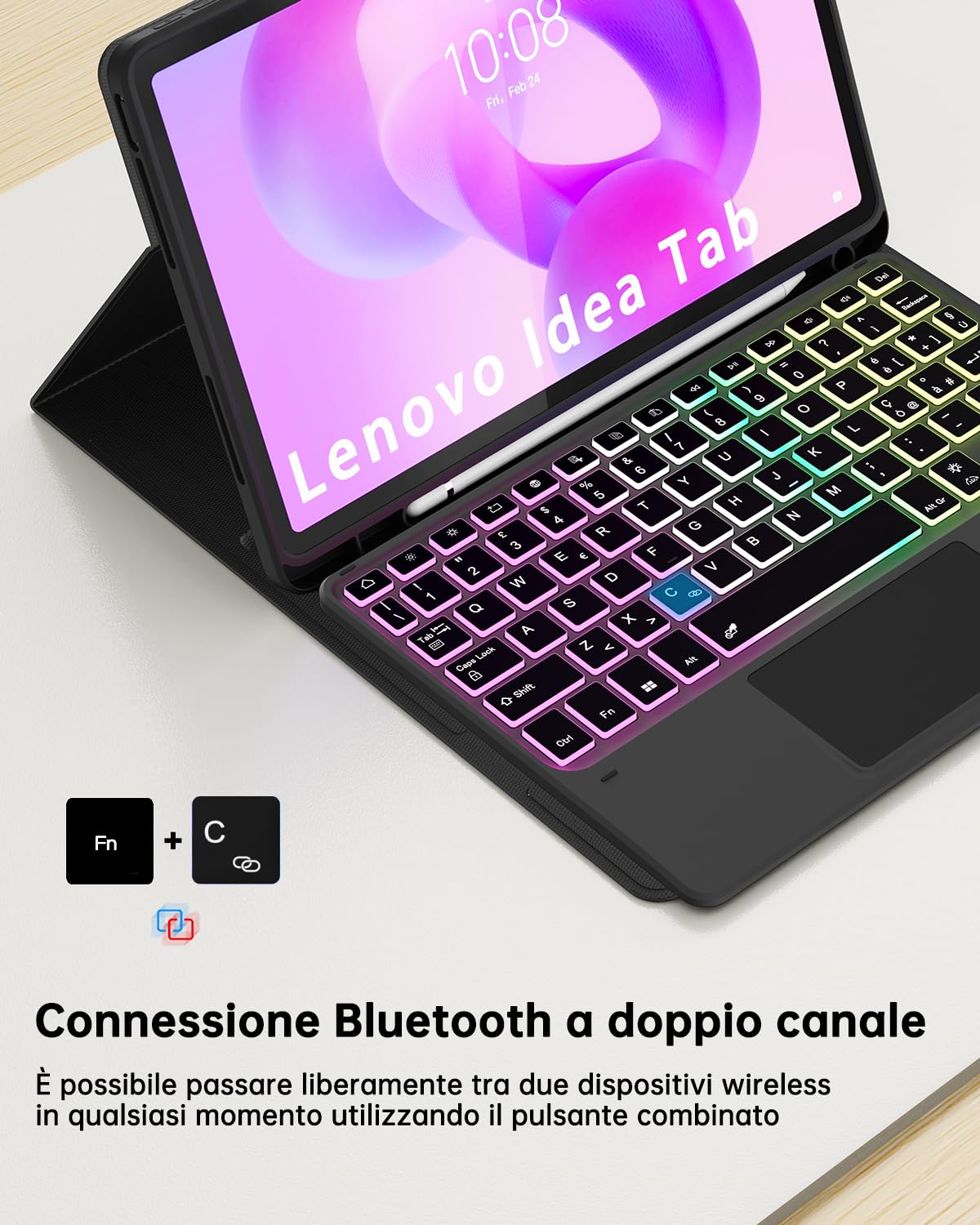 Custodia con Tastiera per Lenovo Idea Tab 11 Pollici Tablet 2025 (TB-336ZU/TB-336FU) : Tastiera retroilluminata Rainbow con touchpad intelligente,[Italiano],Cover Tastiera Rimovibile con Portapenne
