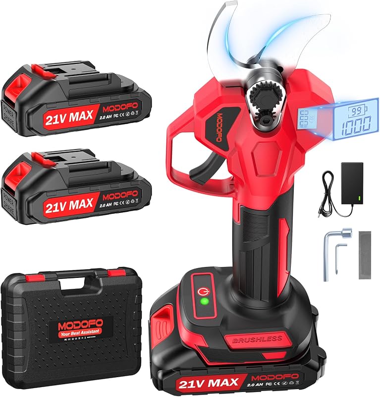 Tijeras de podar eléctricas, tijeras de jardín de corte mejoradas de 2,1 pulgadas con pantalla LCD, podadora eléctrica inalámbrica con motor sin escobillas con baterías de 2,0 Ah*2 para ramas de podadora de árboles de jardín