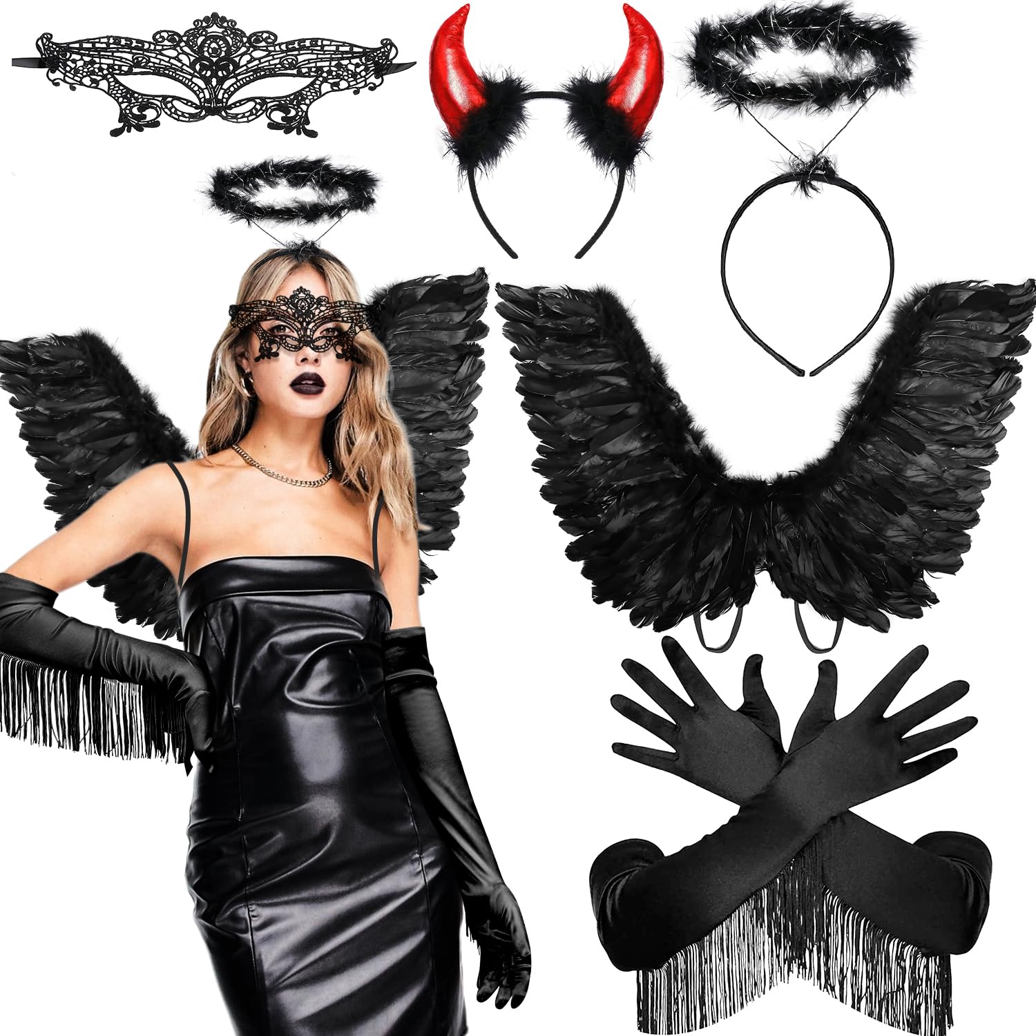 MOVINPE Black Angel and Dark Devil Halloween Costume Accessories Set, Fallen Angel Wings Halo Eye Mask Fringe Gloves Devil Horns Headband for Girls Woman Cosplay Party Accessories