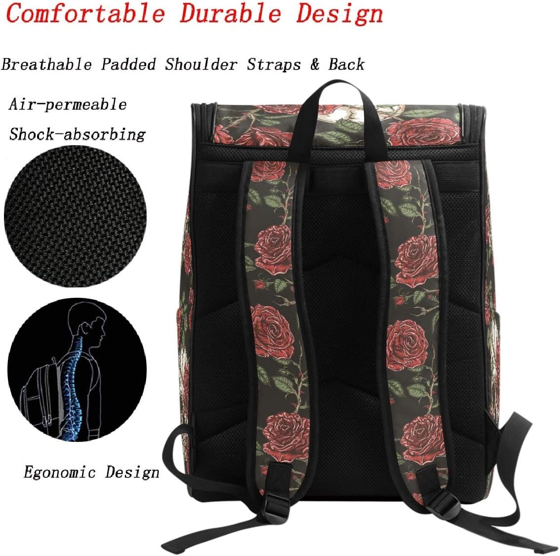 Naanle Trendy Skull Rose Floral Pattern Casual Daypack College Students Multipurpose Backpack Large Travel Hiking Bags Computer Bag for Men Women