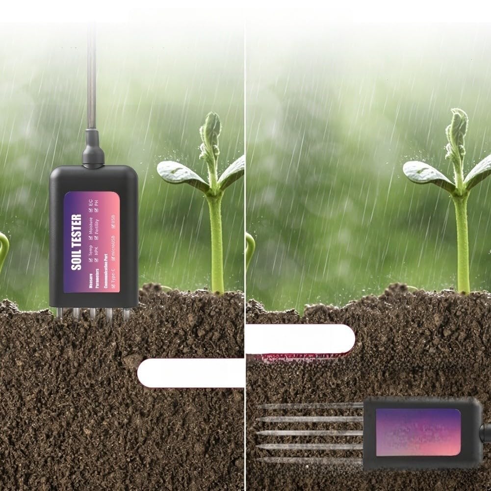 Bodenmessgerät NPK PH Feuchte Temperatur Sensor IP68 Wasserdicht 316L Edelstahl Für Garten Landwirtschaft Kompatibel Mit Für Android Für Harmonyos Für Ios App Echtzeitdatenanalyse Schwarz