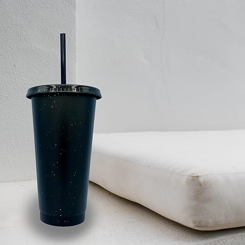 Miniatura 5 de Generic Vaso de plástico reutilizable de 24 onzas con purpurina negro mate con popote y tapa, paquete de 4