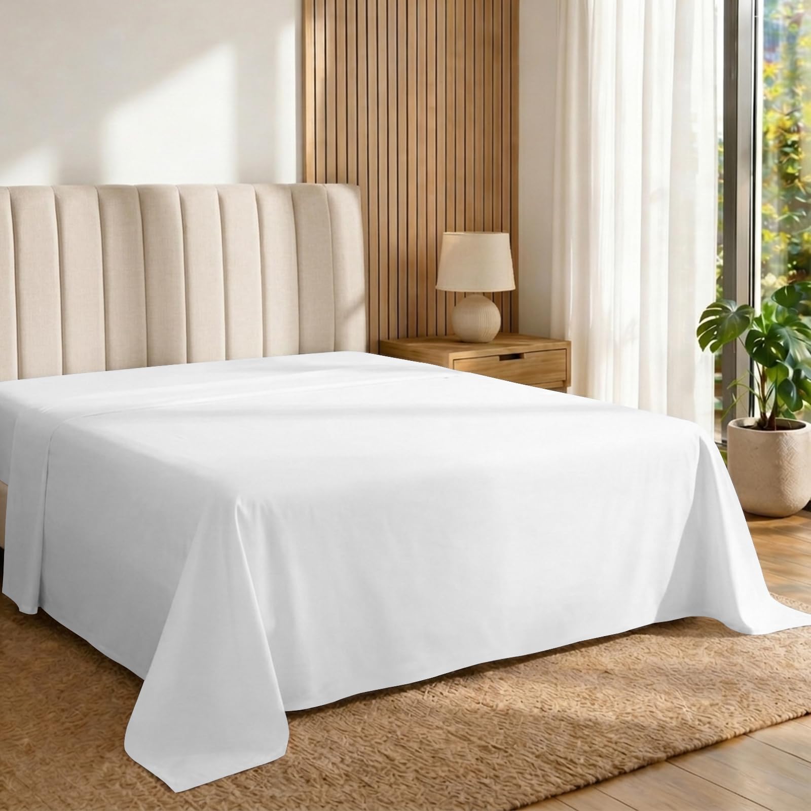 Pizuna Lenzuolo sopra Cotone 270x310 cm Bianco, 400 fili con trama Sateen in 100% Cotone a fiocco lungo Lenzuolo sopra 270x310 1 solo pezzo (Biancheria De Letto Bianco)