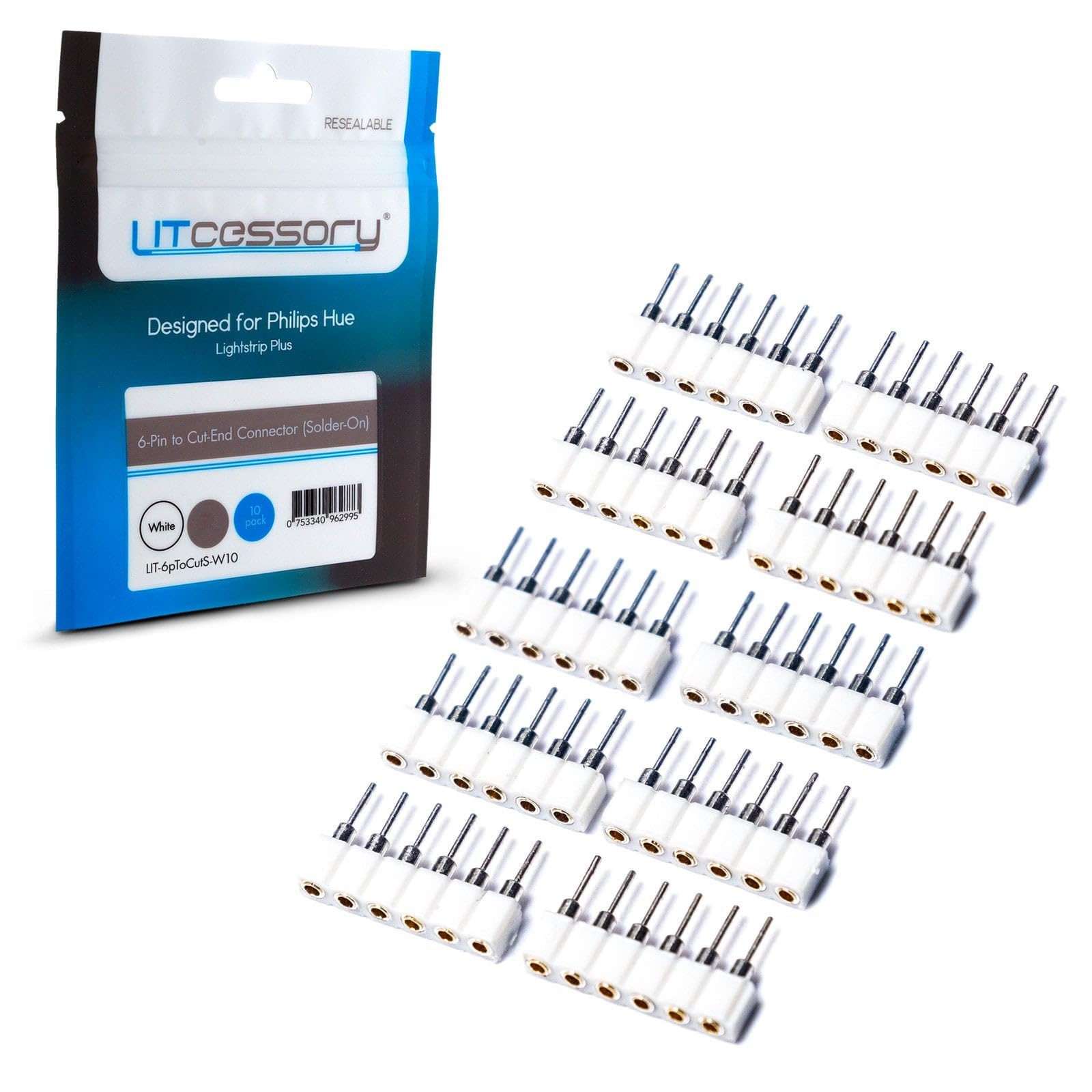6-Pin to Cut-End Connector for Philips Hue/WiZ Lightstrip (Solder-On) (10 Pack, White - STANDARD 6-PIN V3 / WiZ Lightstrip)