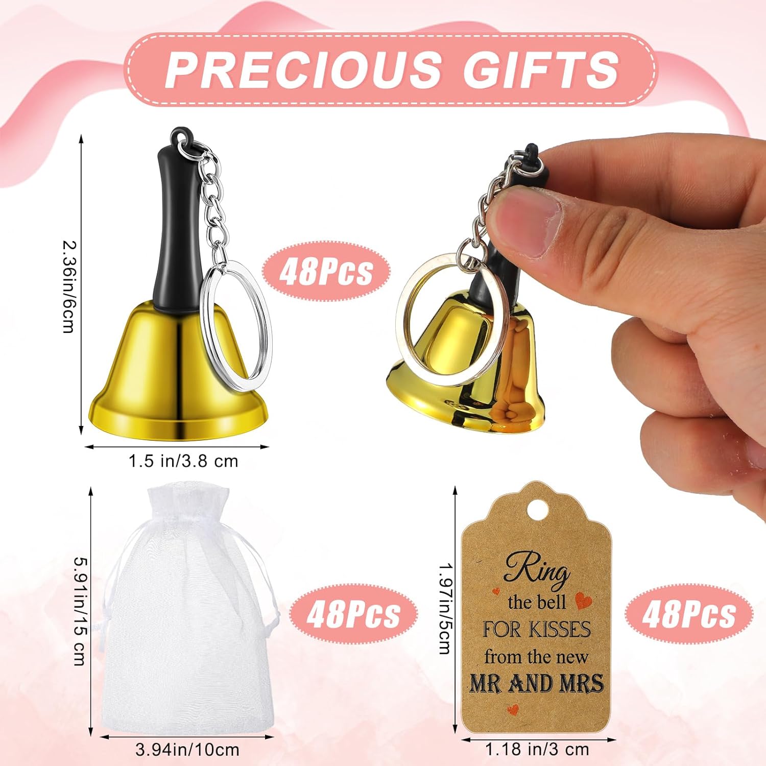 Lounsweer 144 Pcs 48 Set Wedding Party Favors Bulk for Guests Wedding Kissing Bells Ring for a Kiss Bells with Tags Jute Ropes Organza Bags for Reception Goody Bags Supplies(Gold)