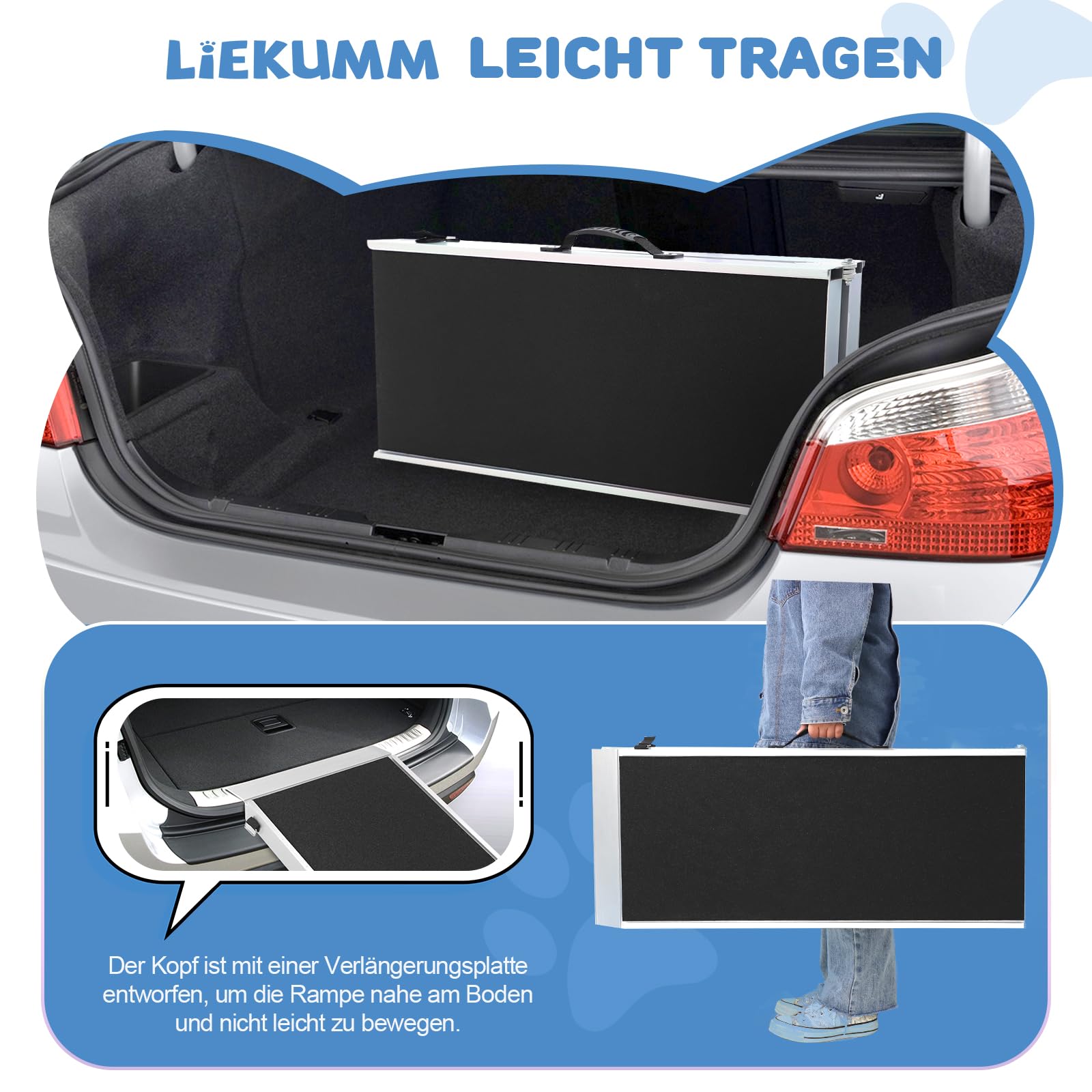 LIEKUMM Rampa para Perros, 184,5 cm Perro Rampa para Coches, 180kg Tragkraft Plegable para Mascotas, Rampa de para Perros para Coche Antideslizante