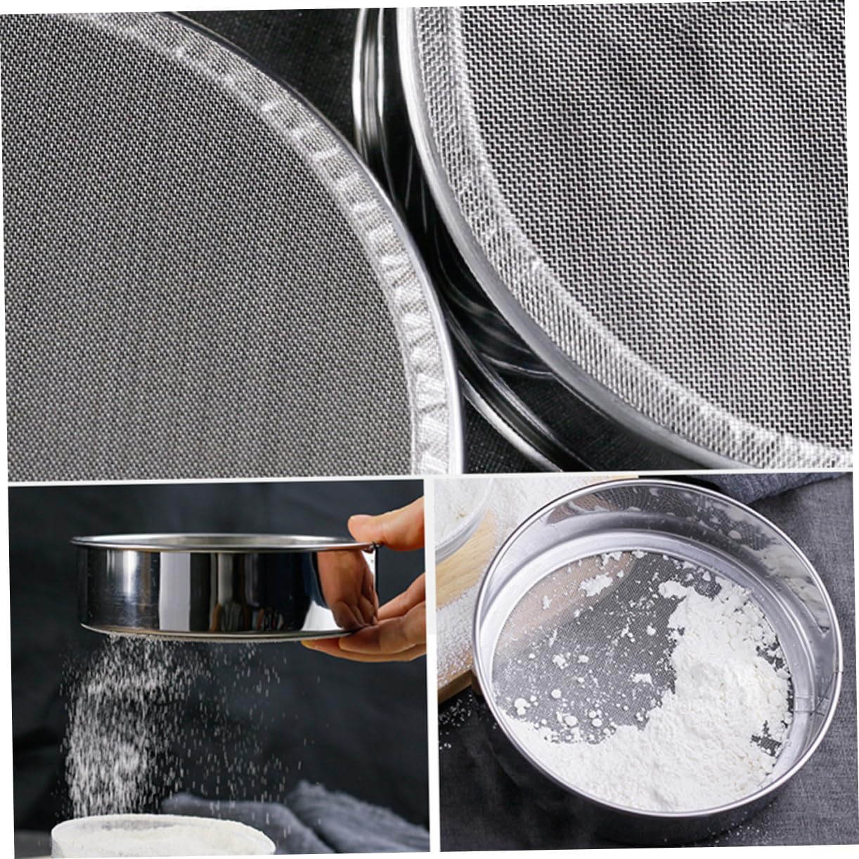 Set of 4 Stainless Steel Mesh Flour Sifters for Baking and Cooking - Round Sieves with Fine Holes - Kitchen Strainers for Cakes, Pasta, and Rice