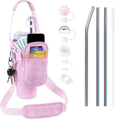 Bolsa de transporte 3 en 1 para botella de agua con bolsillo para vasos Stanley de 40 onzas, soporte para botella de agua con correa para accesorios