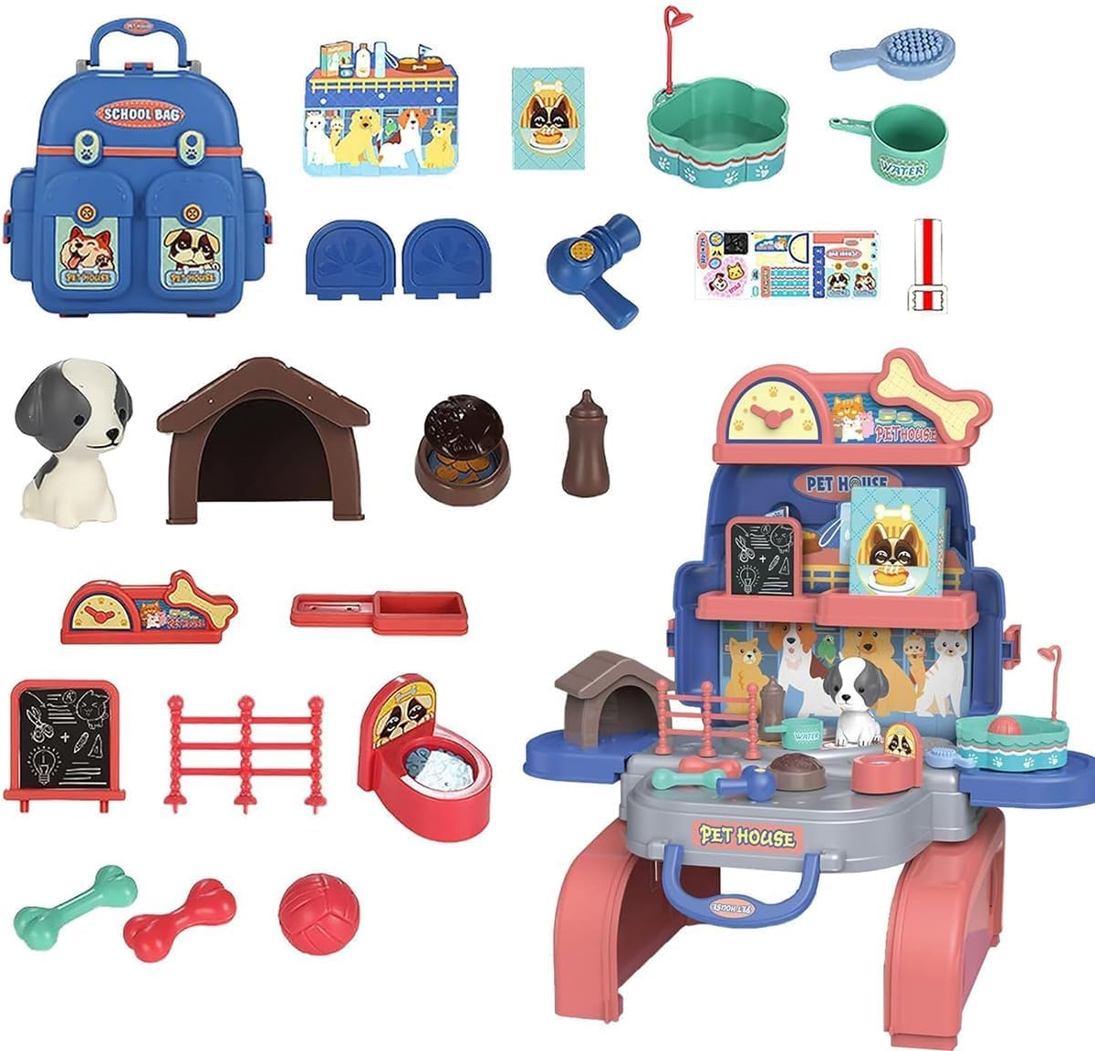 JoyzzzVet Toys for Kids, 26 PCS Pet Care Playset with Backpack, 3-in-1 Pretend Role Play Set for Feeding and Grooming, Kids Role Play Pet House Vet Toys for Boys Girls 3-7 Years Old Gifts