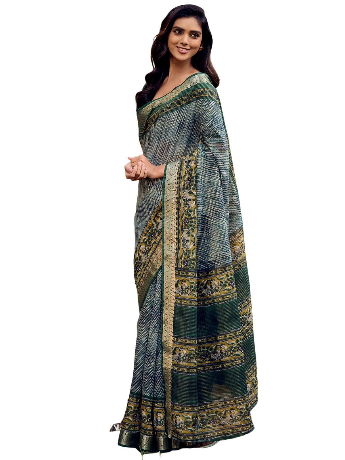 Satrani Women's Cotton Silk Printed Weaving Saree With Unstitched Blouse Piece (4103S873N_Green & Navy Blue & Multi)
