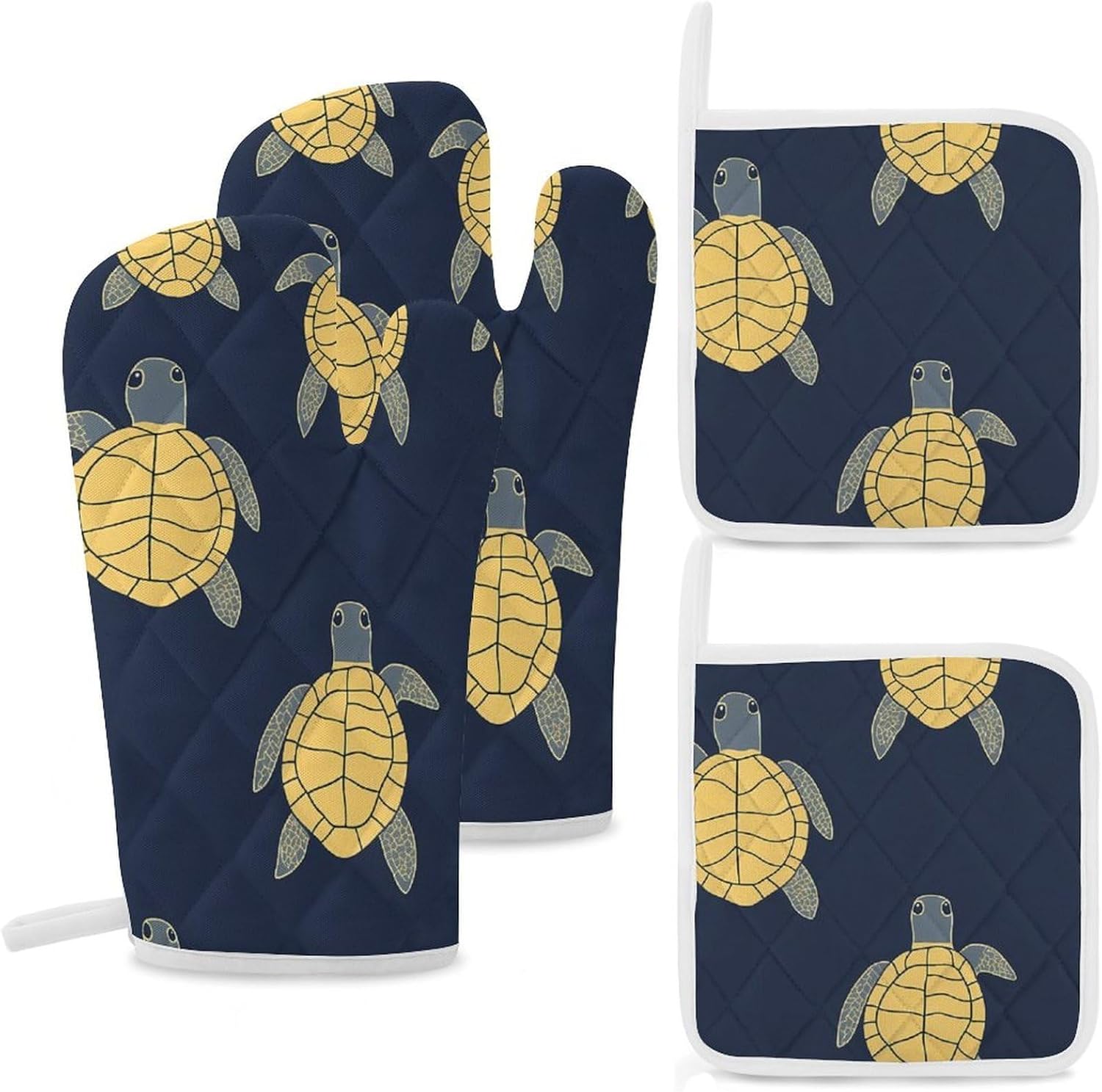Yellow Turtles Oven Mitts and Pot Holders 4Pcs Set Heat Resistant Cooking Mitts Hot Pads