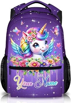 Girls Backpack for School, Personalized Unicorn Backpacks for Kindergarten Elementary, Custom Lightweight Toddler Bookbag with Name for Girls 3-6, Back to School Gift