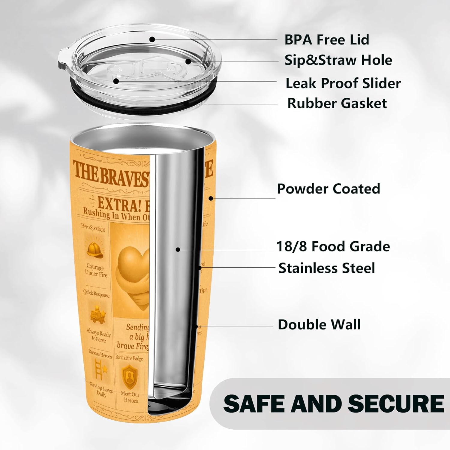 Firefighter Gifts for Men – 20oz Insulated Tumbler with Lid, Retro Newspaper Design, Thank You Brave Firefighter Travel Mug, Stainless Steel Cup, Fire Truck Icons, First Responder Gift - Image 5