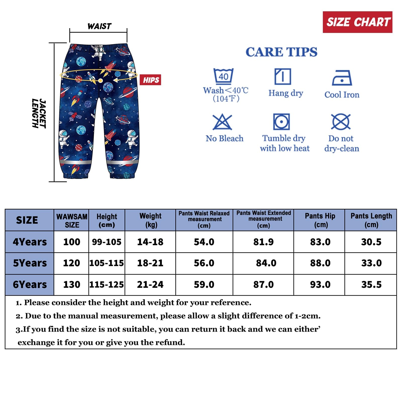 WAWSAM Surpantalon imperméable pour enfants avec imprimé dessin animé