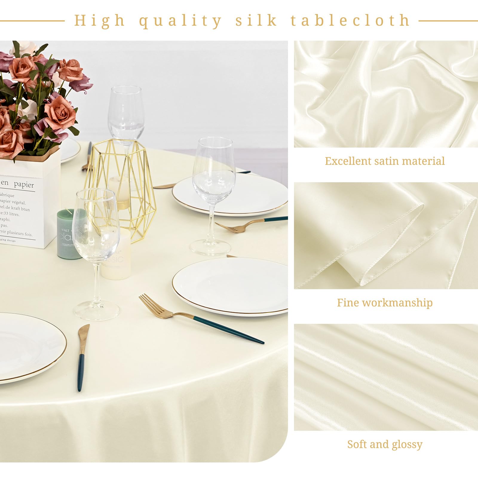 REWOMC 12 Pack Ivory Satin Tablecloth, 108 Inch Round Silky Satin Table Cloth, Bright Silk Tablecloth Smooth Fabric Table Covers Overlay Silky Table Decoration for Wedding Party Banquet Birthday
