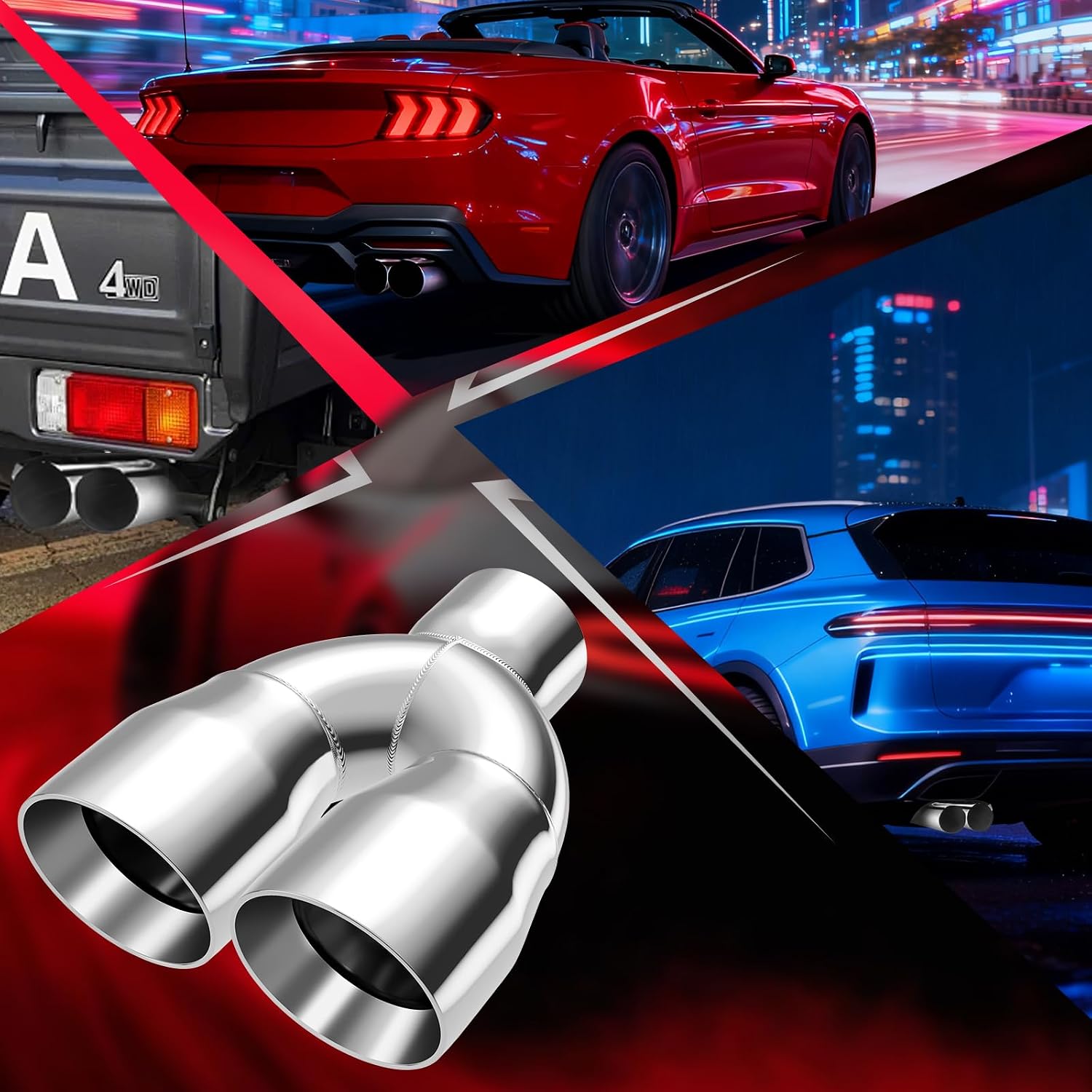 A-KARCK Dual Exhaust Tip 3" Inlet, Polished Stainless Tailpipe Tip 3" Inlet Dual 4" Outlet 9.5" Length, Angle Cut Design, Universal Tailpipe for Car Truck