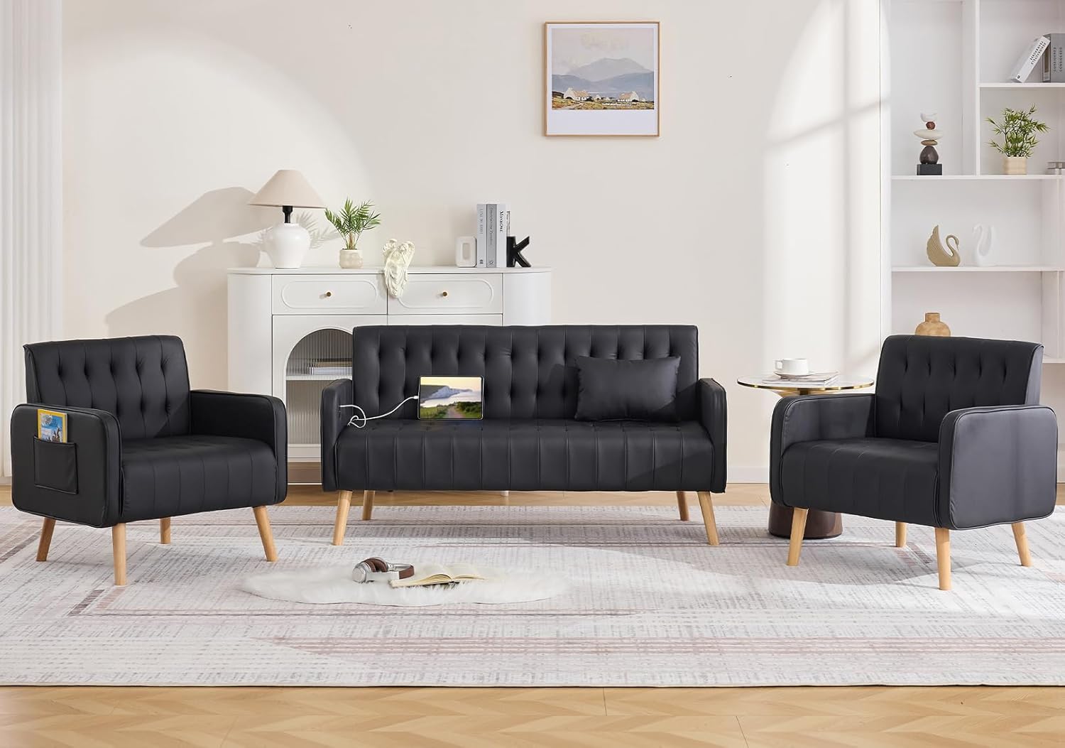 Black Leather Loveseat and Accent Chair Set of 2, Tufted Mini Sofa Couch w/USB Charging & Pockets, Mid-Century Modern Office Love Seat and Chair Set, 3 Pieces Living Room Furniture Set
