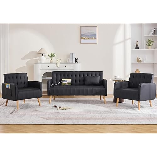 Black Leather Loveseat and Accent Chair Set of 2, Tufted Mini Sofa Couch w/USB Charging & Pockets, Mid-Century Modern Office Love Seat and Chair Set, 3 Pieces Living Room Furniture Set