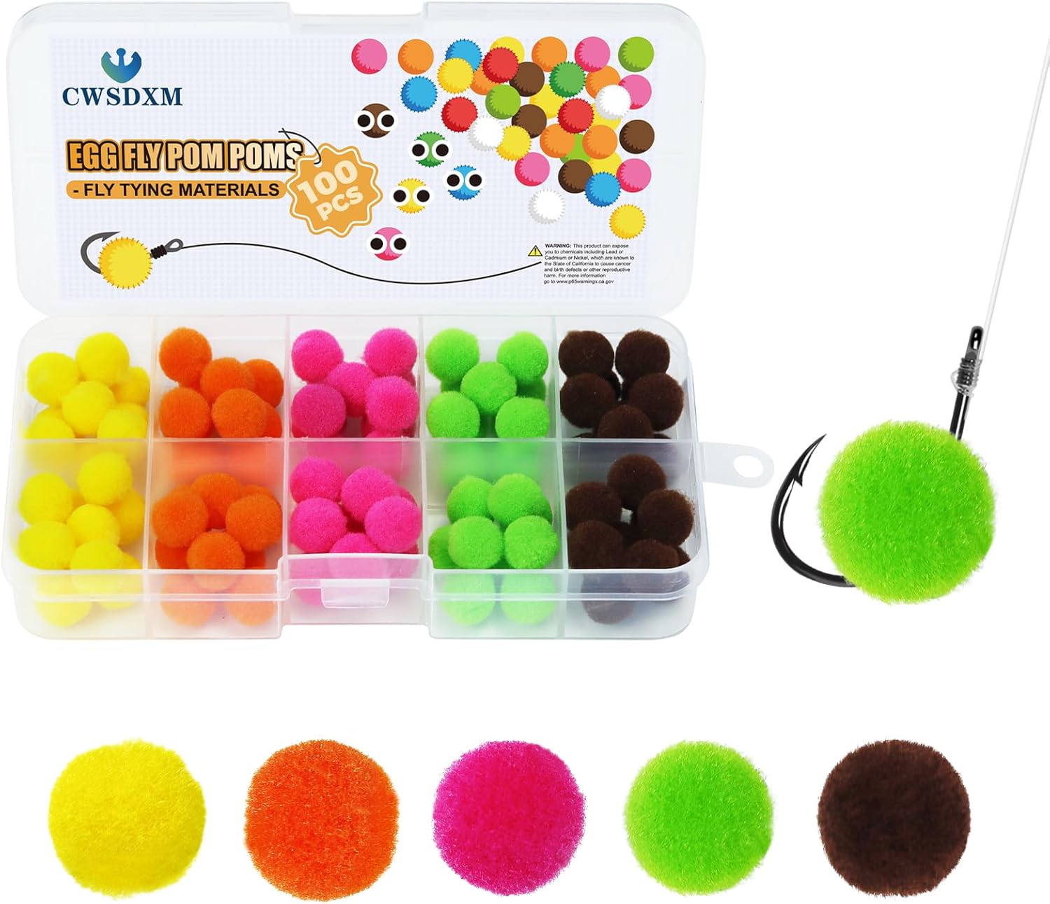 100 pcs Egg Flies Pom-poms DIY Fly Tying Materials Glo Bug Chenille Balls Fly Tying Fishing for Steelhead Trout Salmon